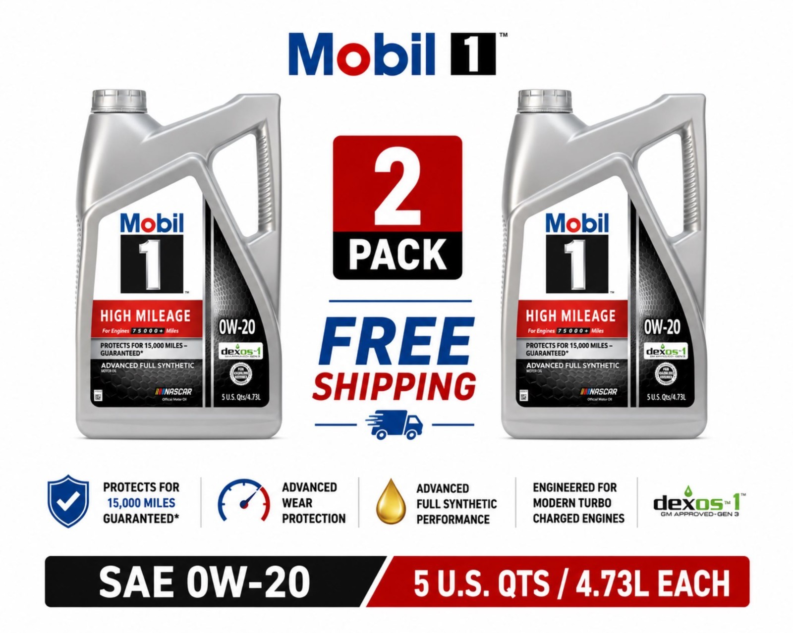 2 Pack Mobil 1 High Mileage Full Synthetic 0W-20 Motor Oil 5 Quart