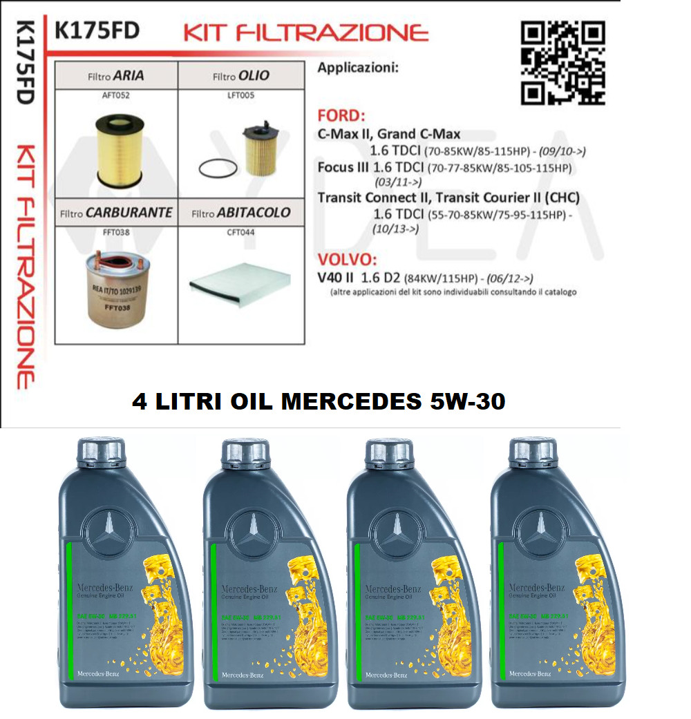 KIT TAGLIANDO FORD C-MAX II 1.6 TDCI 115CV 85KW DAL 12/2010 + OLIO CASTROL 5W30