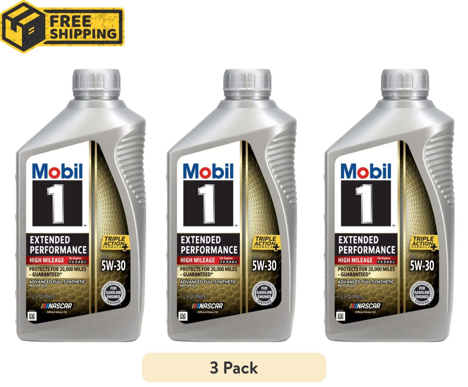 (3 PACK) Mobil 1 Extended High Mileage Full Synthetic Motor Oil 5W-30,1 Quart