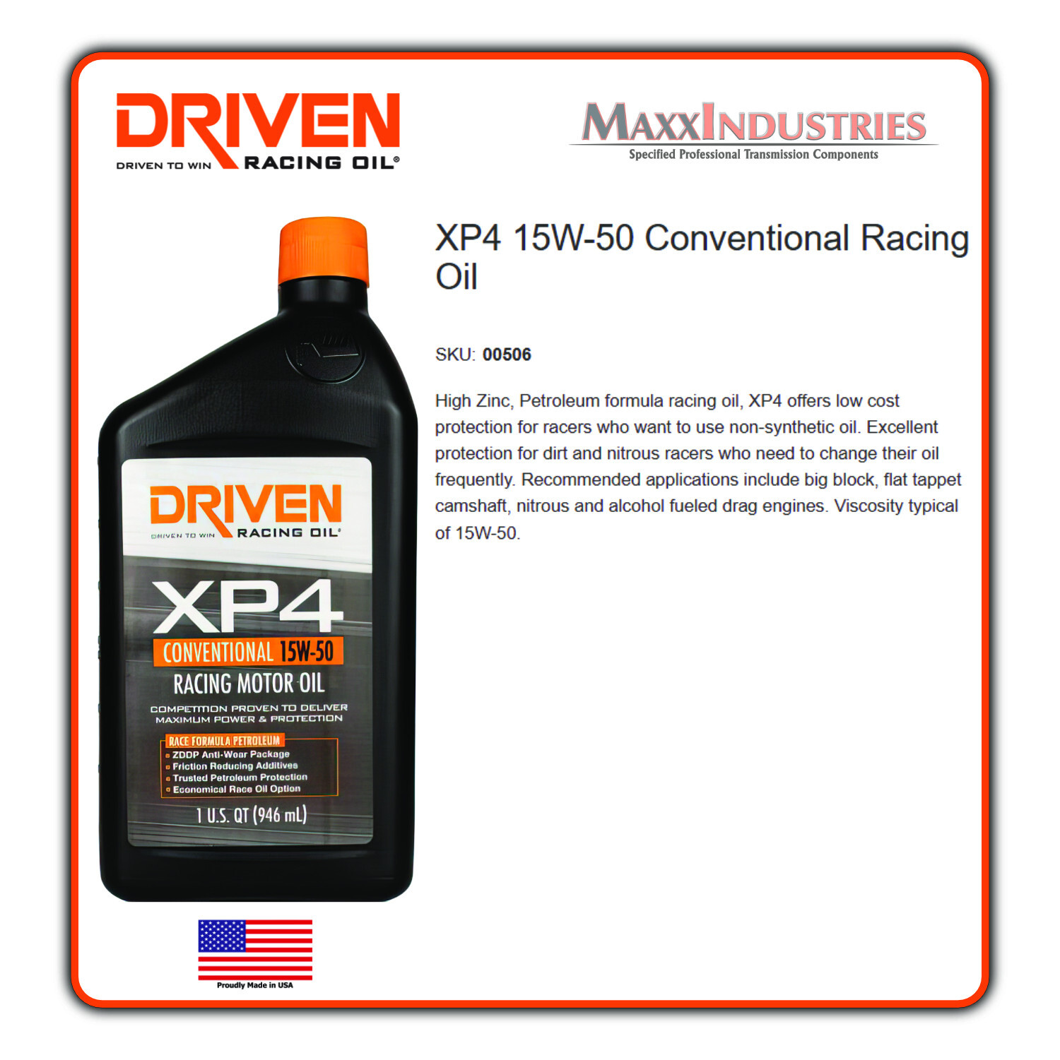 Driven Motor Oil – XP4 Racing Oil – High Zinc – 15W50 – Conventional -12 qt