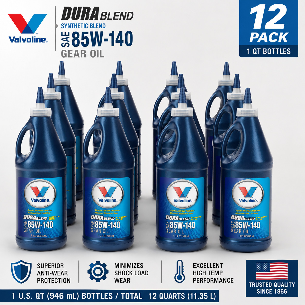 12 PACK — VALVOLINE VV281 DuraBlend Synthetic Blend SAE 85W-140 Gear Oil; 1 QT