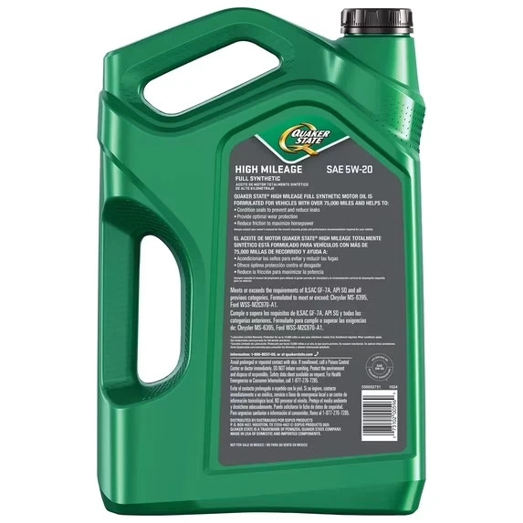 Quaker State High Mileage Full Synthetic 5W-20 Motor Oil, 5Quart 5W-20 Motor Oil