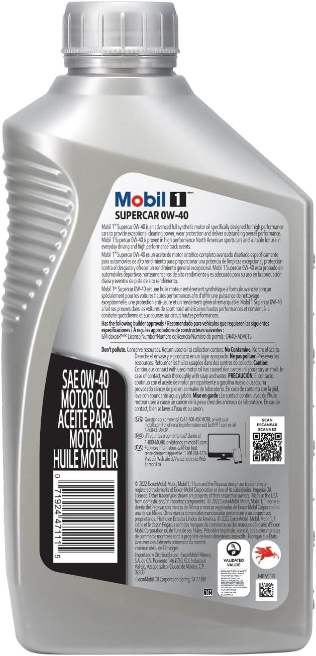 Supercar Advanced Full Synthetic Motor Oil 0W-40 6-pack of 1 Quarts Reduce Oil