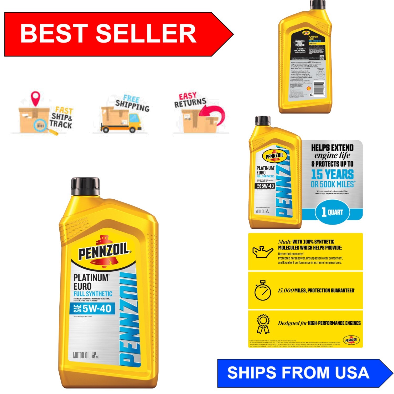 Platinum Euro Full Synthetic 5W-40 Motor Oil – 1 Quart for Superior Engine Care