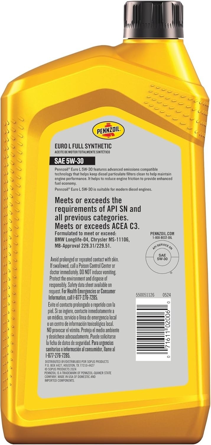 Pennzoil 550051126 Motor Oil, Euro L 5W-30, Full Synthetic, 1 Quart (6 Pack)