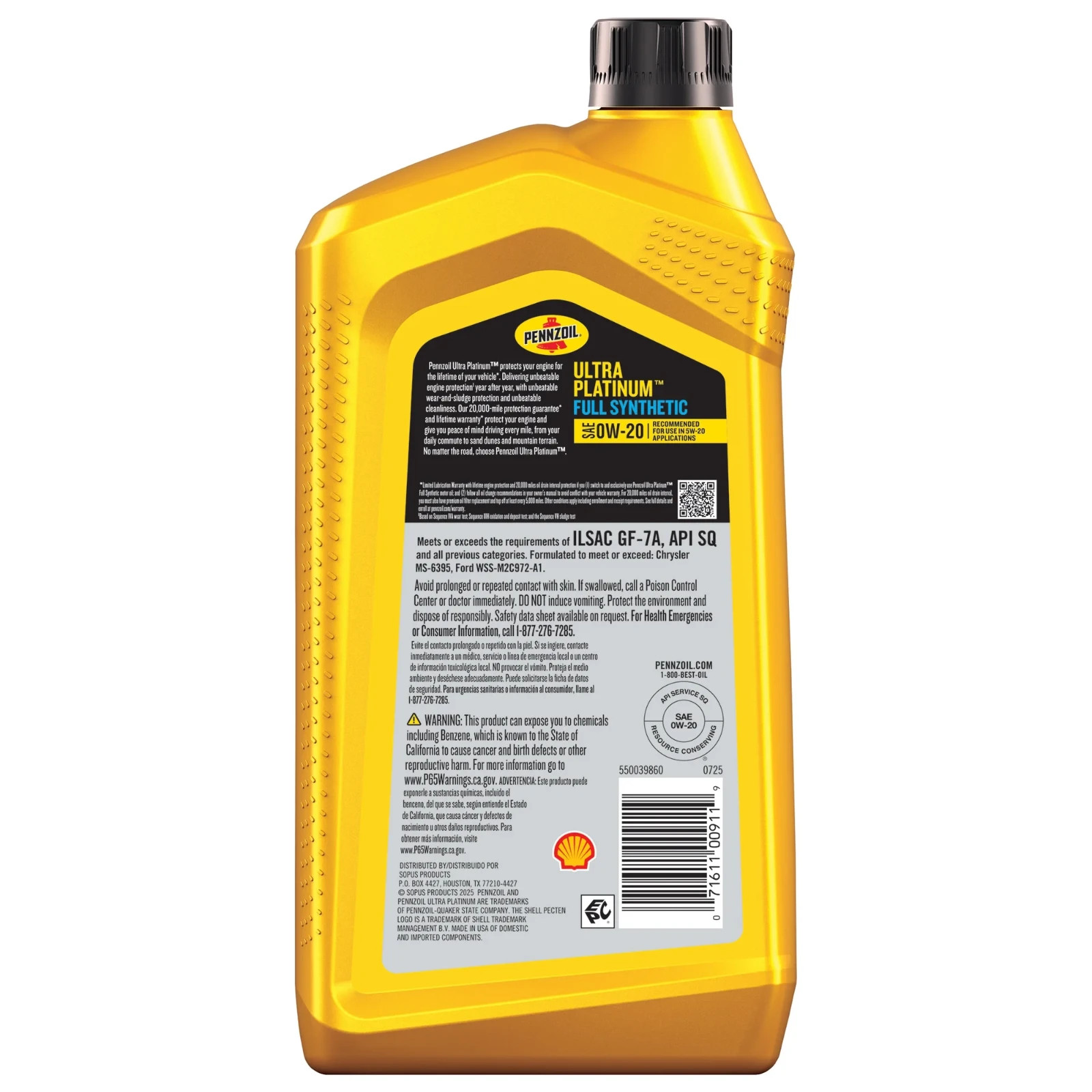 (5 pack) Pennzoil Ultra Platinum Full Synthetic 0W-20 Motor Oil, 1 Quart