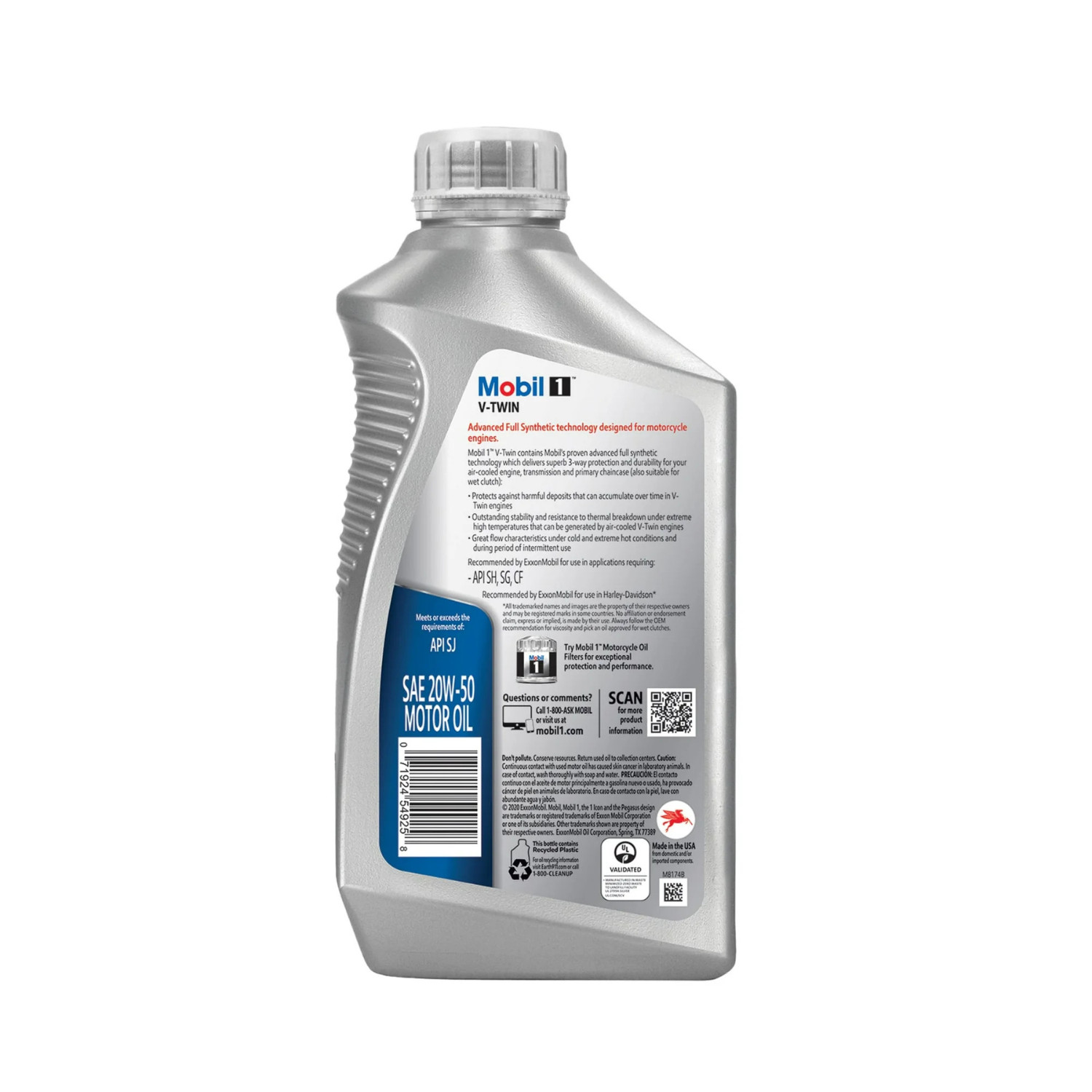 (4 pack) Mobil 1 V-Twin Full Synthetic Motorcycle Oil 20W-50, 1 Quart