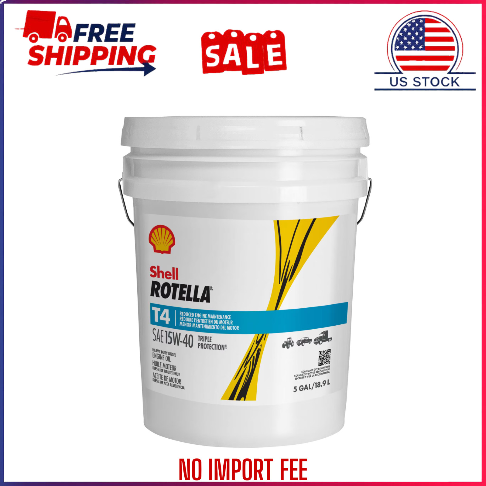 Shell Rotella T4 Triple Protection 15W-40 Diesel Engine Oil, 5 Gallon Pail