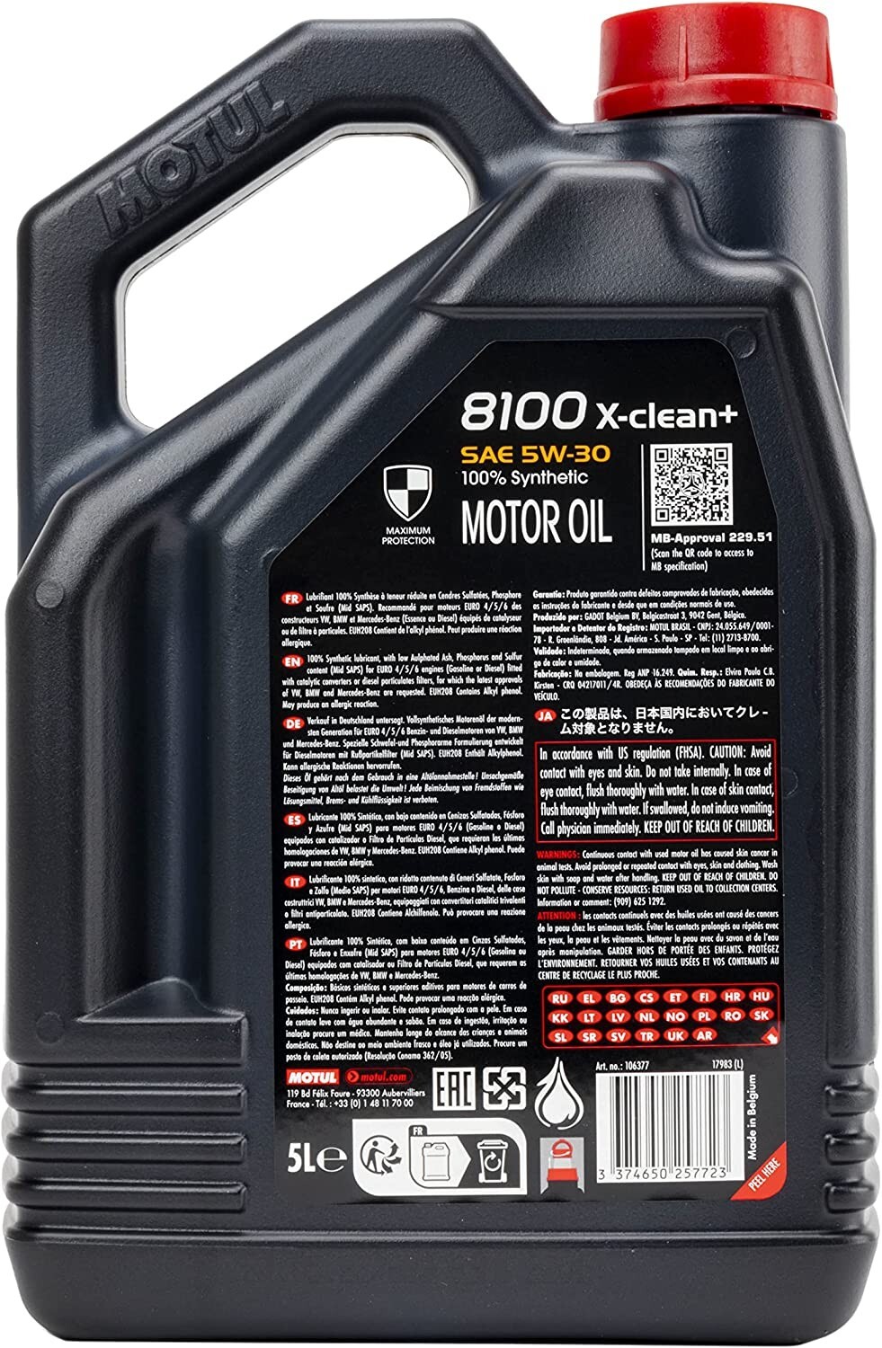 Motul 8100 X-Clean+ 5W30 Synthetic Engine Oil 5 Liter 106377