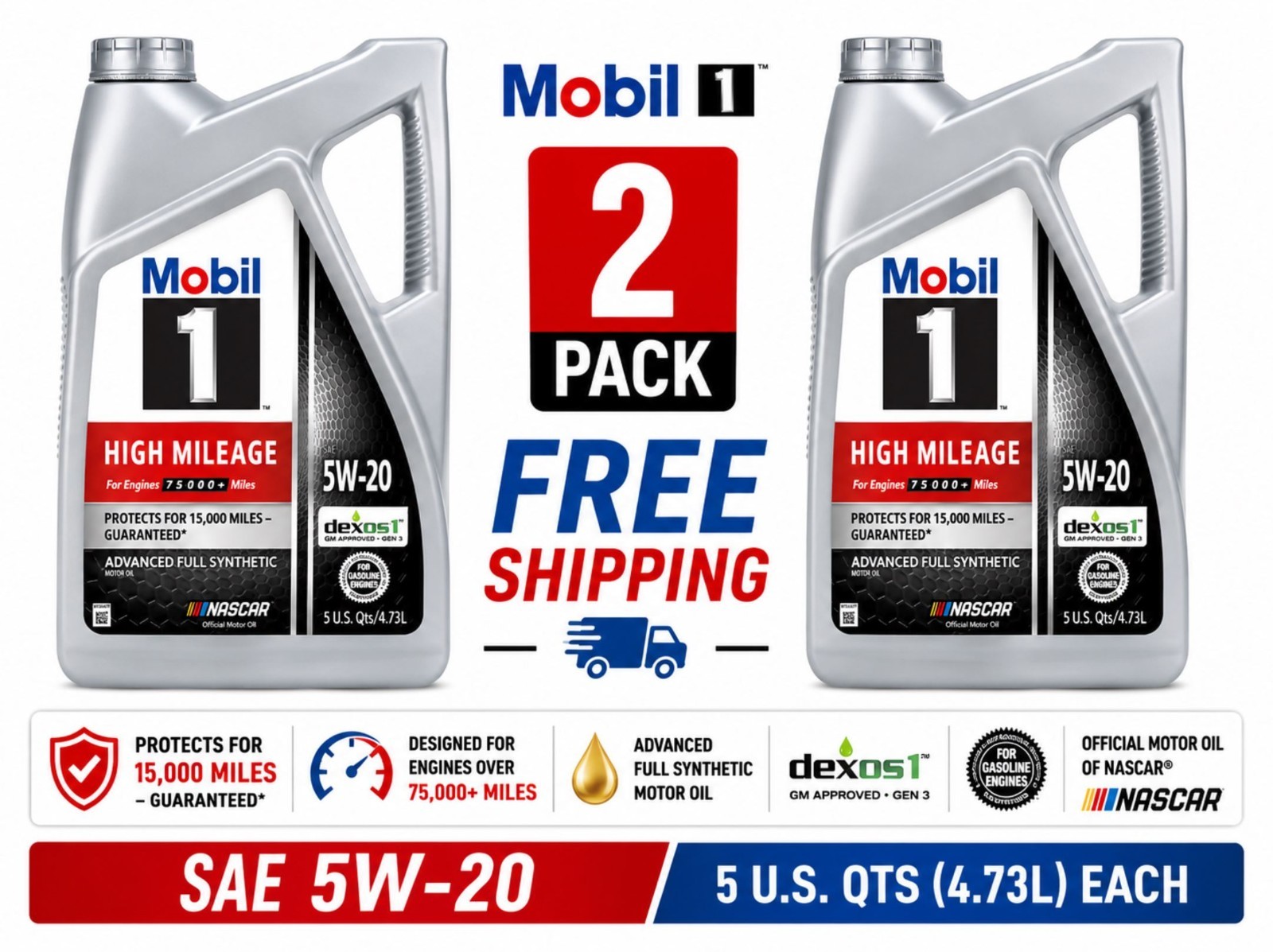 2 Pack Mobil 1 High Mileage Full Synthetic 5W-20 Motor Oil 5 Quart