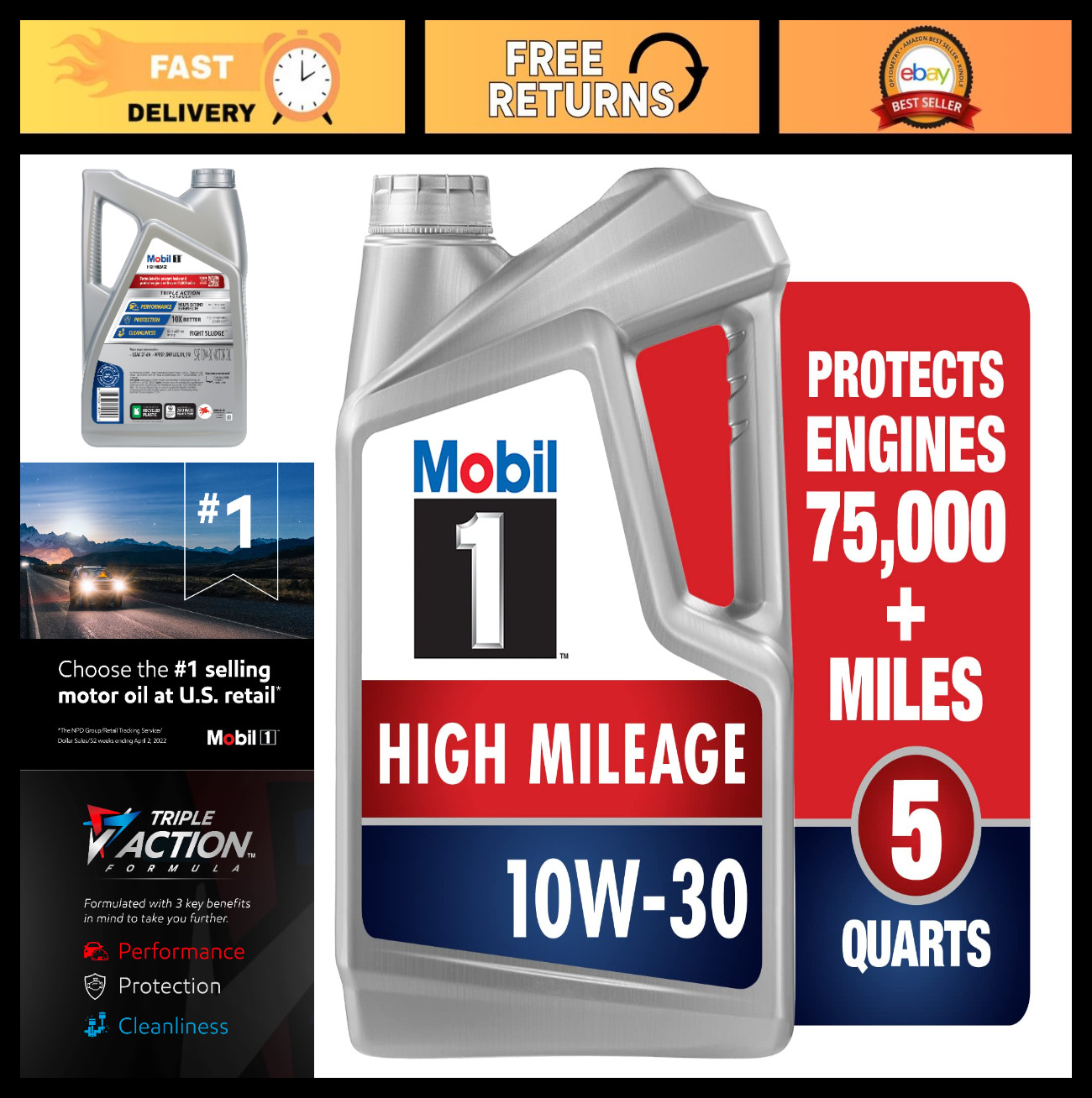 High Mileage Full Synthetic Motor Oil 10W-30, 5 Quart – Engine Protection & Perf