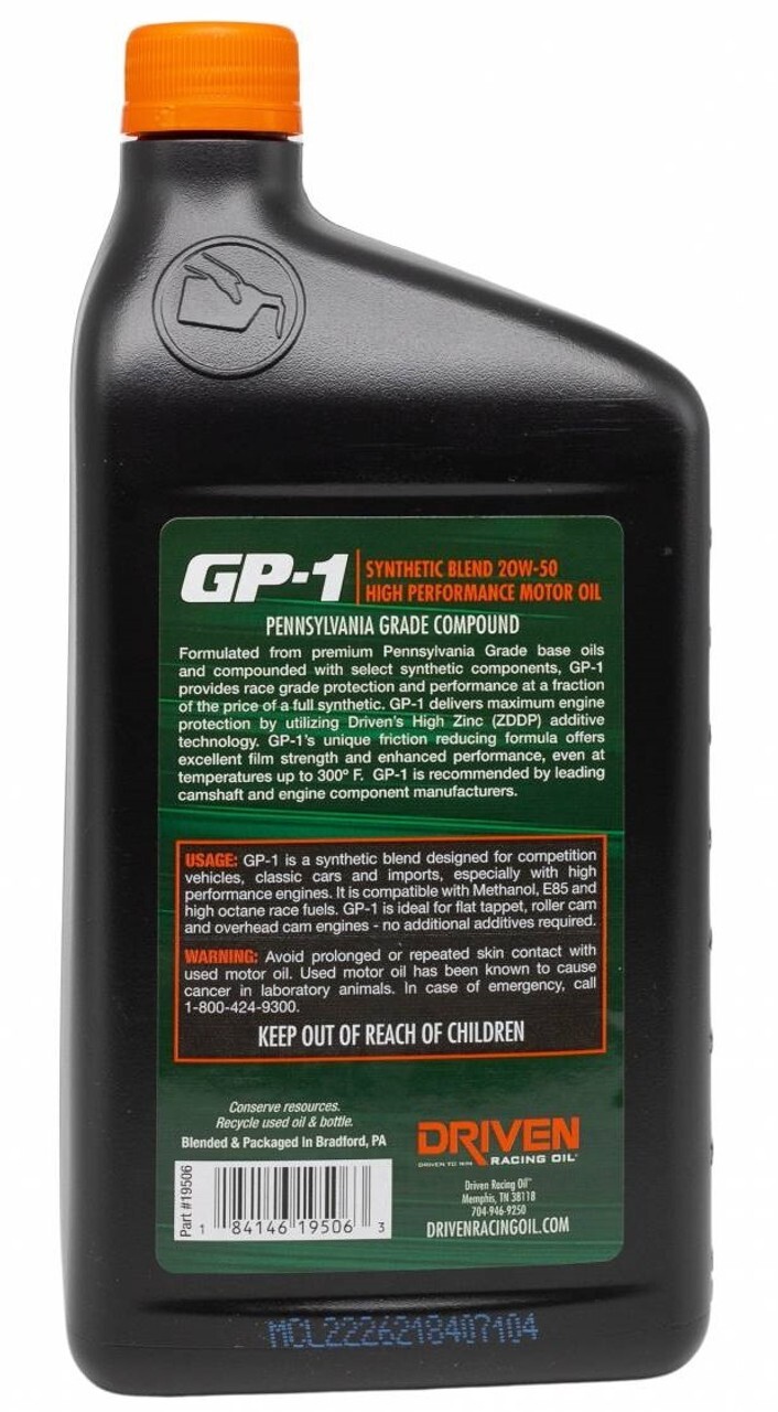 Driven GP-1 20W-50 Synthetic Blend High Performance & Racing Oil 19506 – 1 Quart