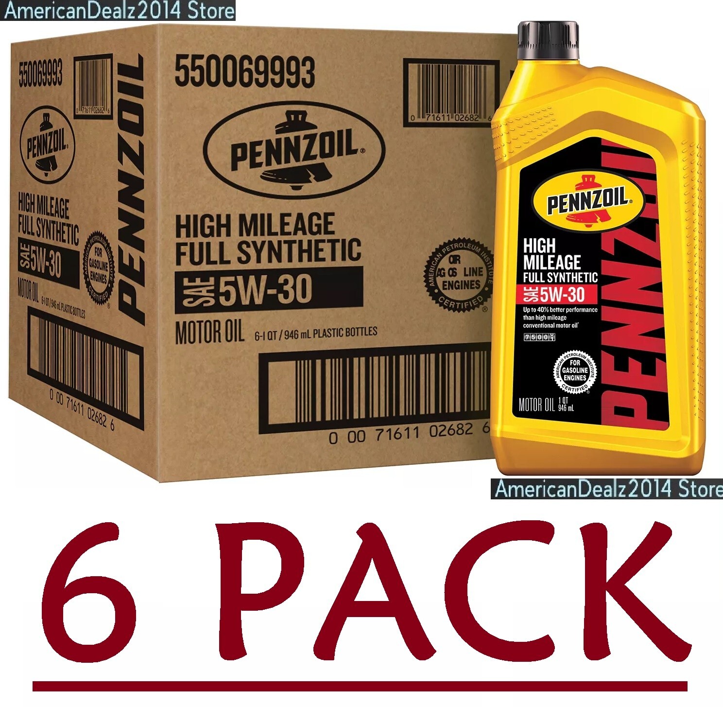 6 PACK – Pennzoil Full Synthetic High Mileage 5W30, 1 Quart (Total 6 Quart)