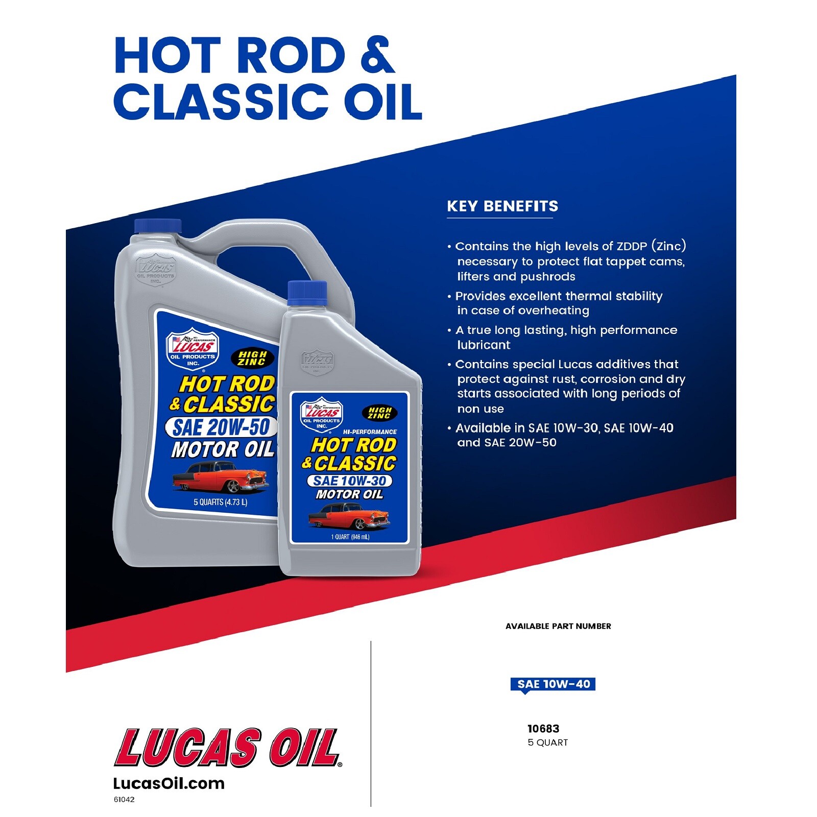 Lucas Front Hot Rod & Classic Car Motor Oil SAE 10W-40 w/ High Zinc 5 Quarts