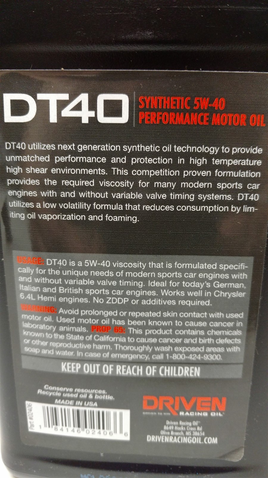 Joe Gibbs Driven DT40 5W-40 Synthetic Street Performance Oil 02406