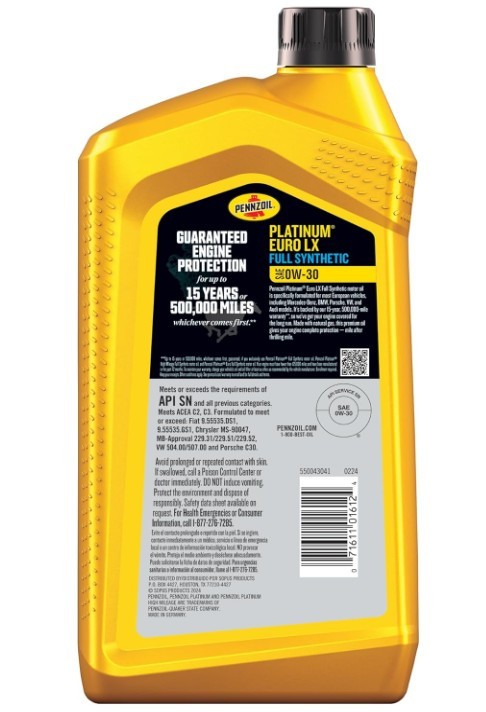 Pennzoil Platinum Euro LX Full Synthetic 0W-30 Motor Oil, 1 Quart (6 Pack)