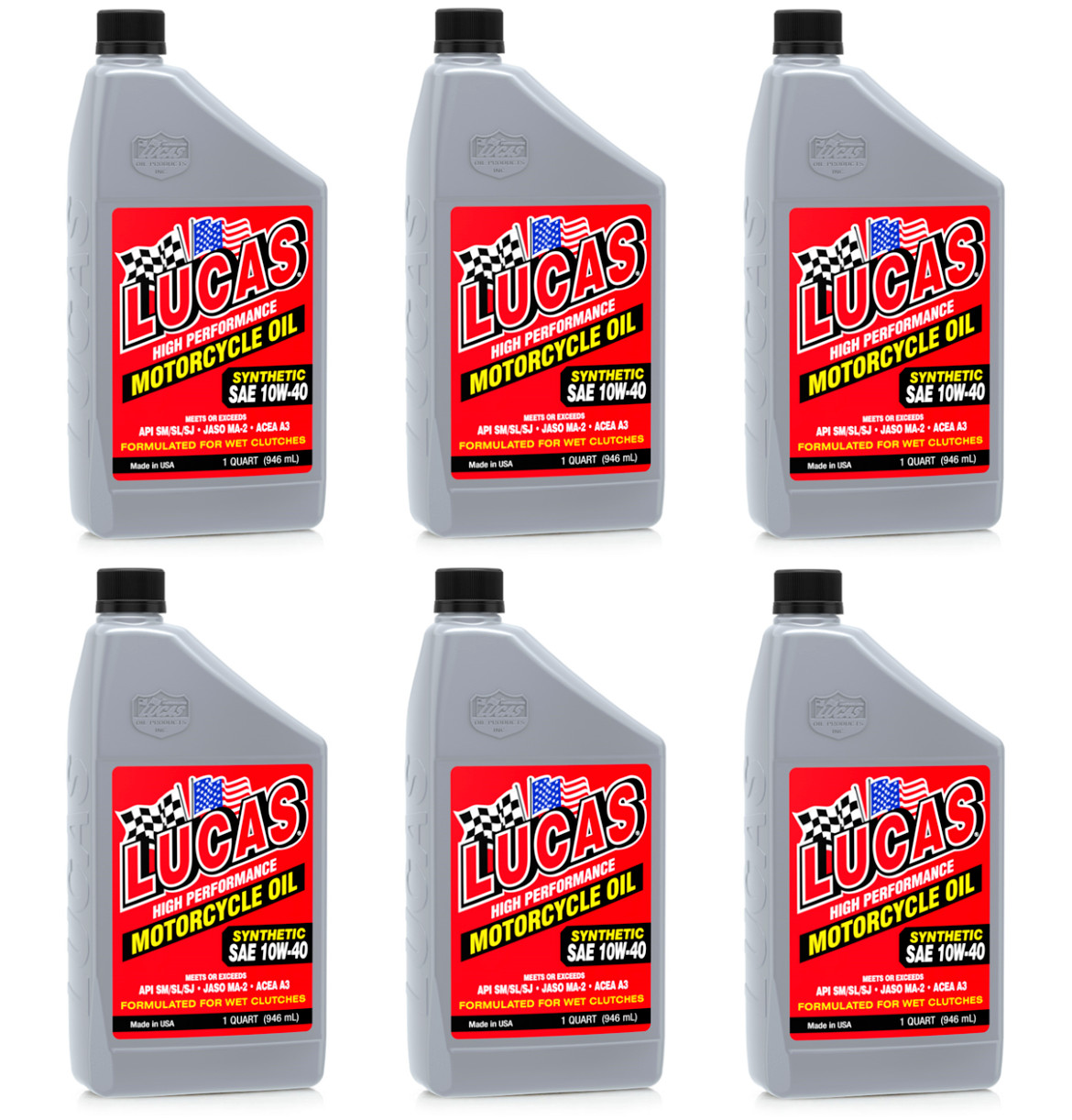 Lucas 10793 Synthetic 10W40 High Performance Motorcycle Oil; 6 – 1 Qt Bottles