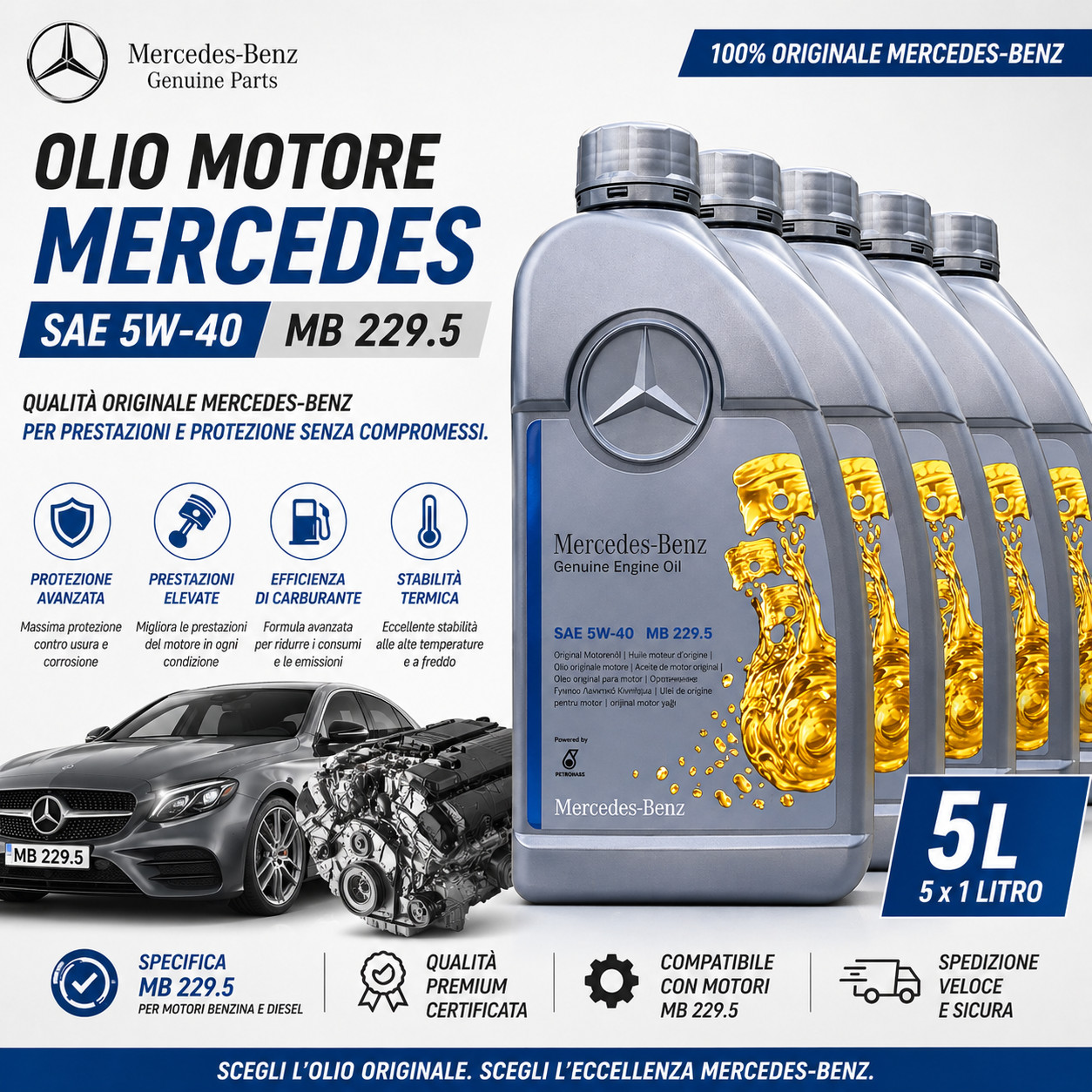 GENUINE MERCEDES 5W40 MB 229.5 5 LITRE SAE 5W-40 PETROL DIESEL ENGINE OIL 5L