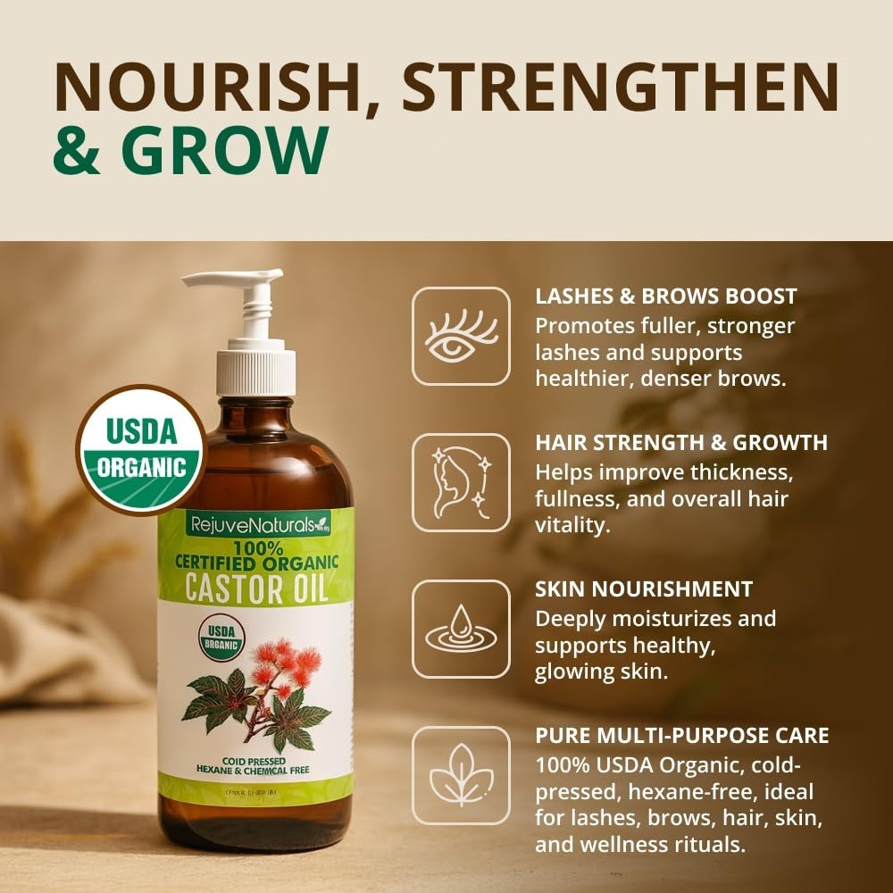 RejuveNaturals Castor Oil, 16 oz, USDA Organic, Cold Pressed for Hair & Lashes