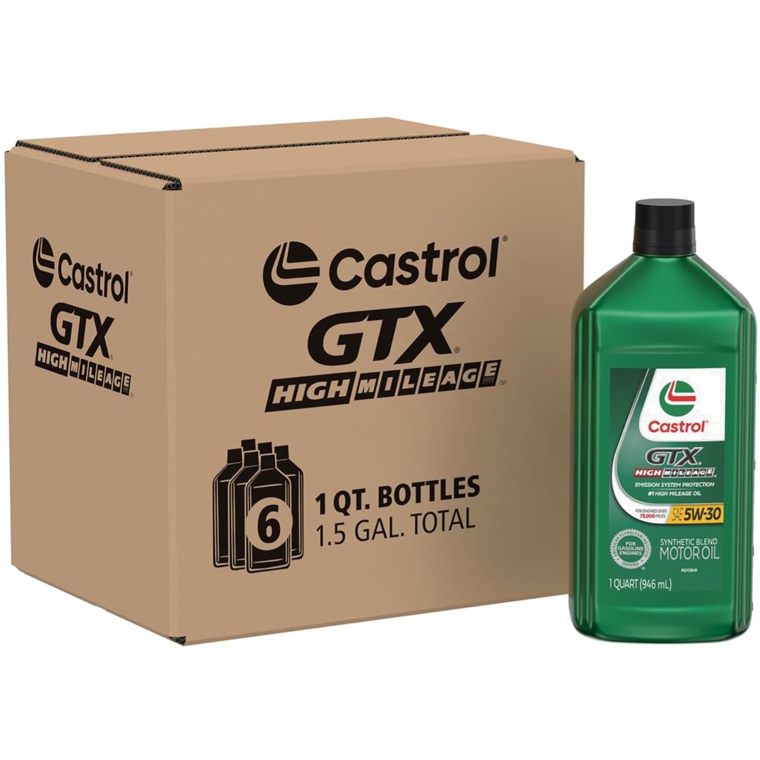 GTX High Mileage 5W-30 Synthetic Blend Motor Oil, 1qt x 6
