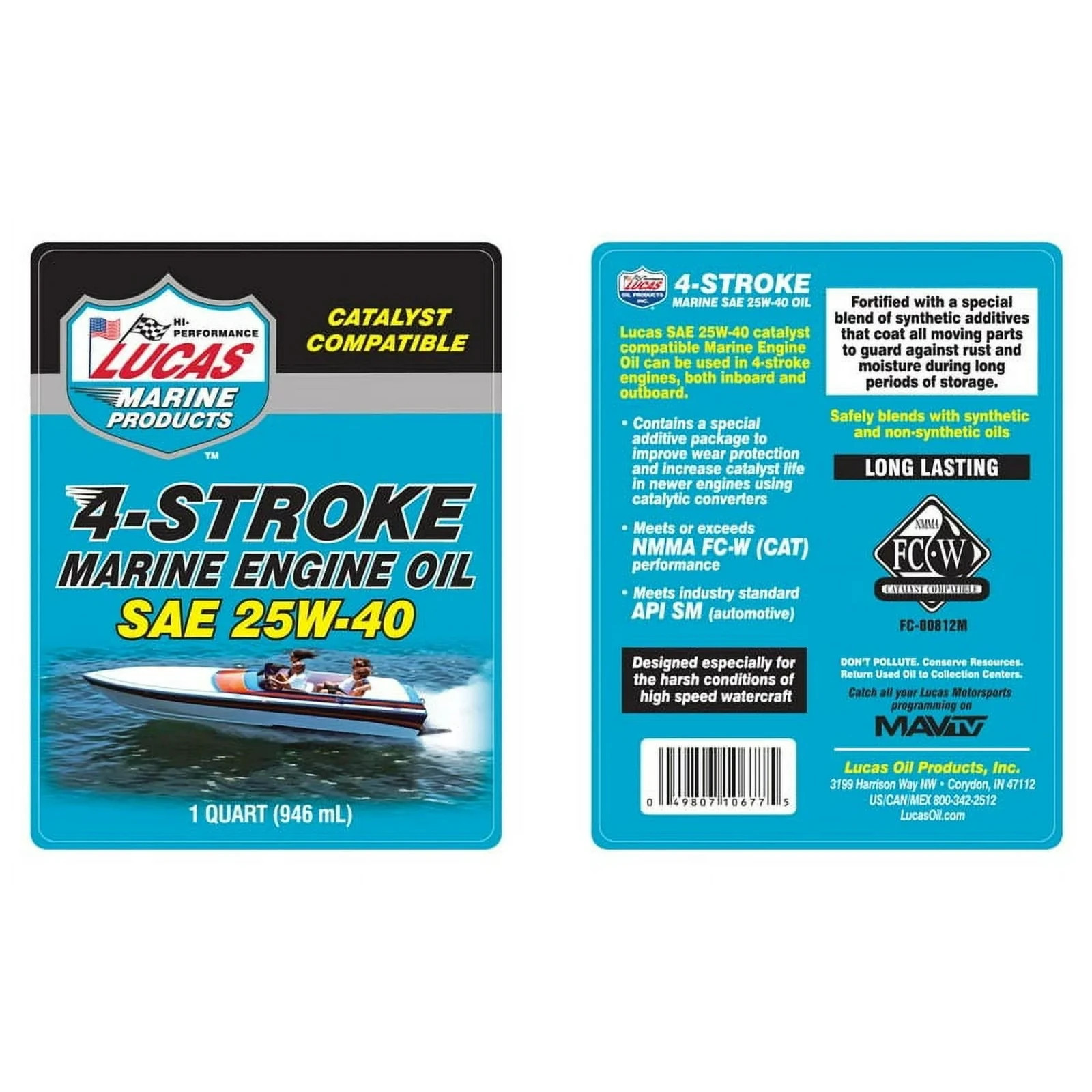 (6 pack) Lucas 4-Stroke Synthetic Blend Marine SAE25W40 Oil 32 Ounce