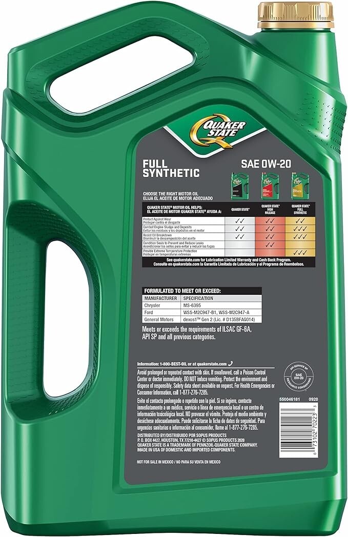 Quaker State Gen 3 Full Synthetic Dexos 0W-20 Motor Oil (5-Quart, Case of 3)