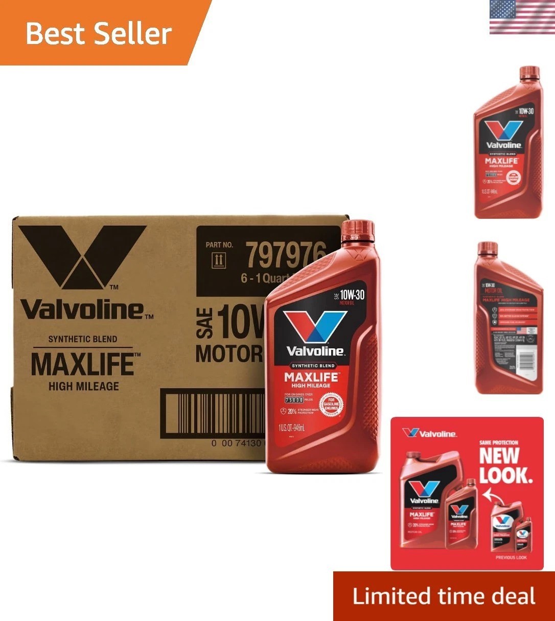 MaxLife High Mileage 10W-30 Synthetic Blend Motor Oil 1 Quart, Pack of 6