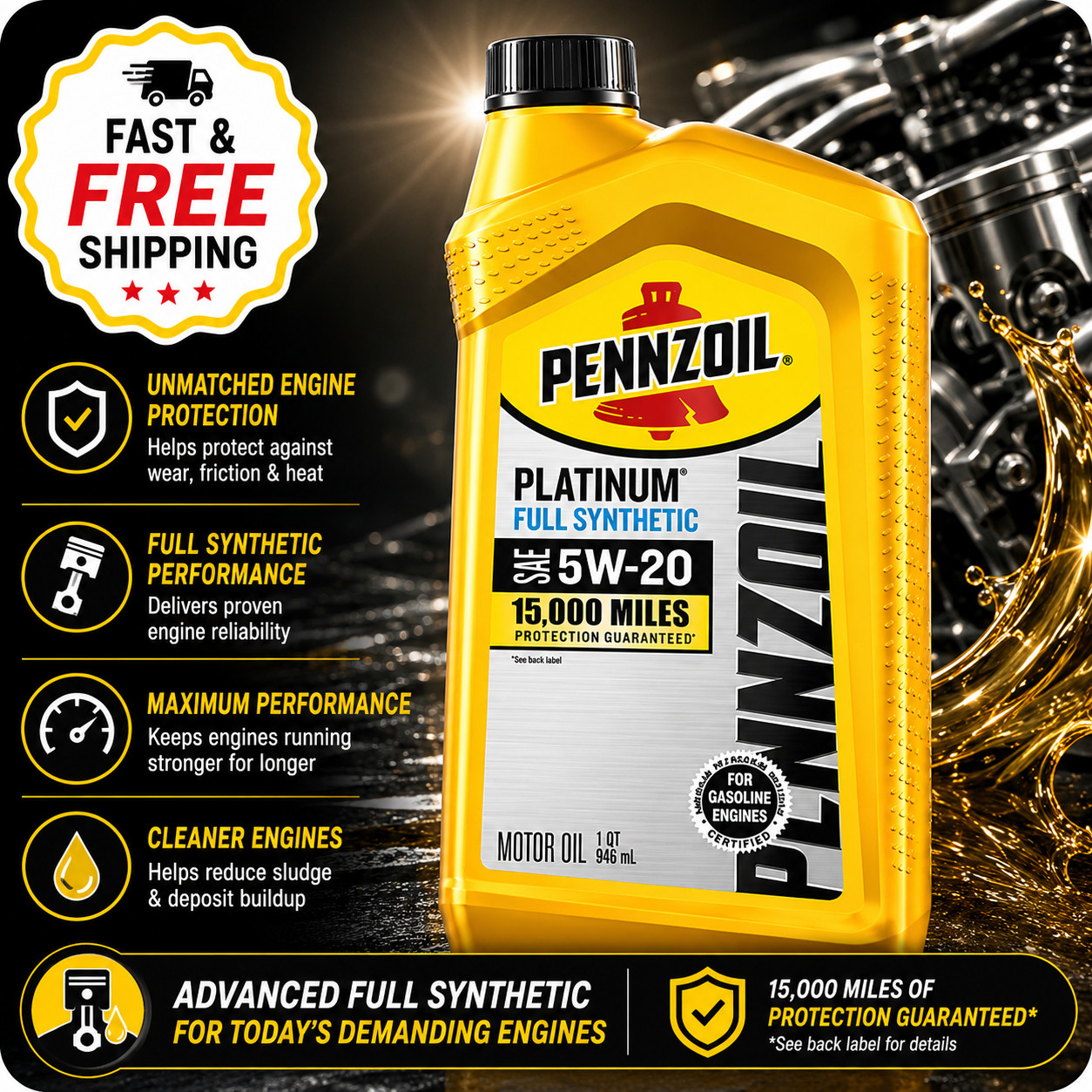Pennzoil Platinum Full Synthetic 5W-20 Motor Oil, 1 Quart- Free Shipping USA
