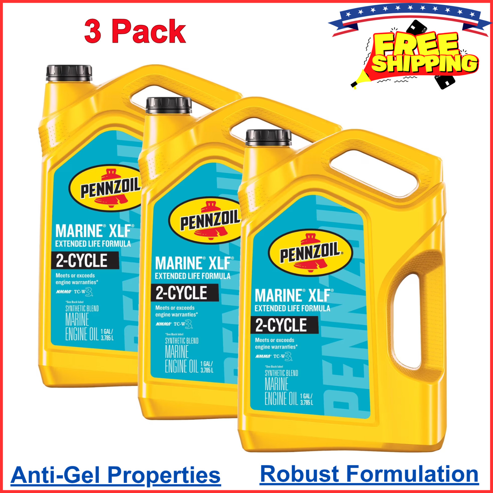 3 Pack Pennzoil Marine XLF Extended Life Formula Engine Oil, 1 Gallon, Anti-Gel