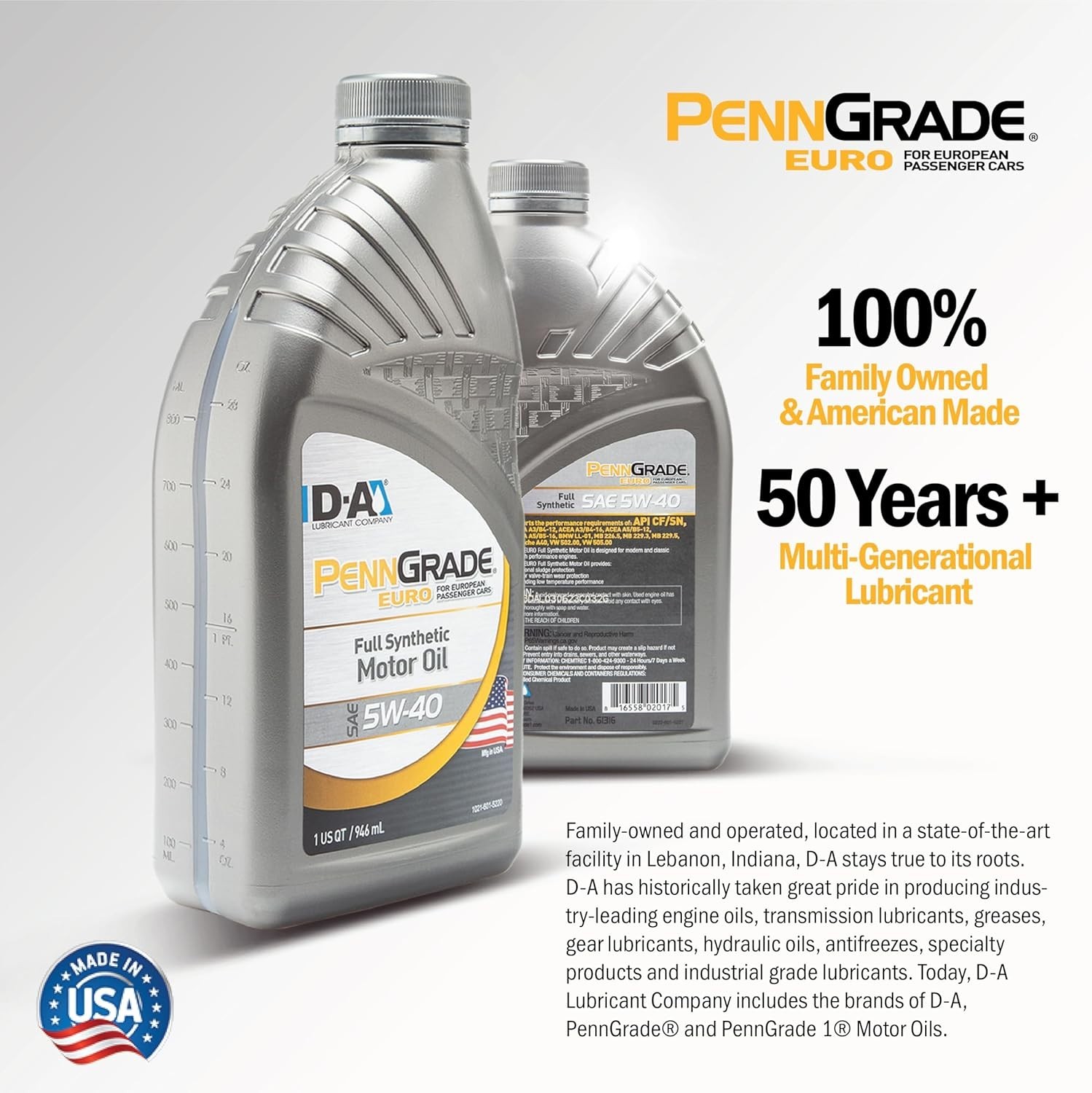 PENN GRADE 1 | 61315 | Euro Full Synthetic Motor Oil SAE 5W-40 | 6 Gallon