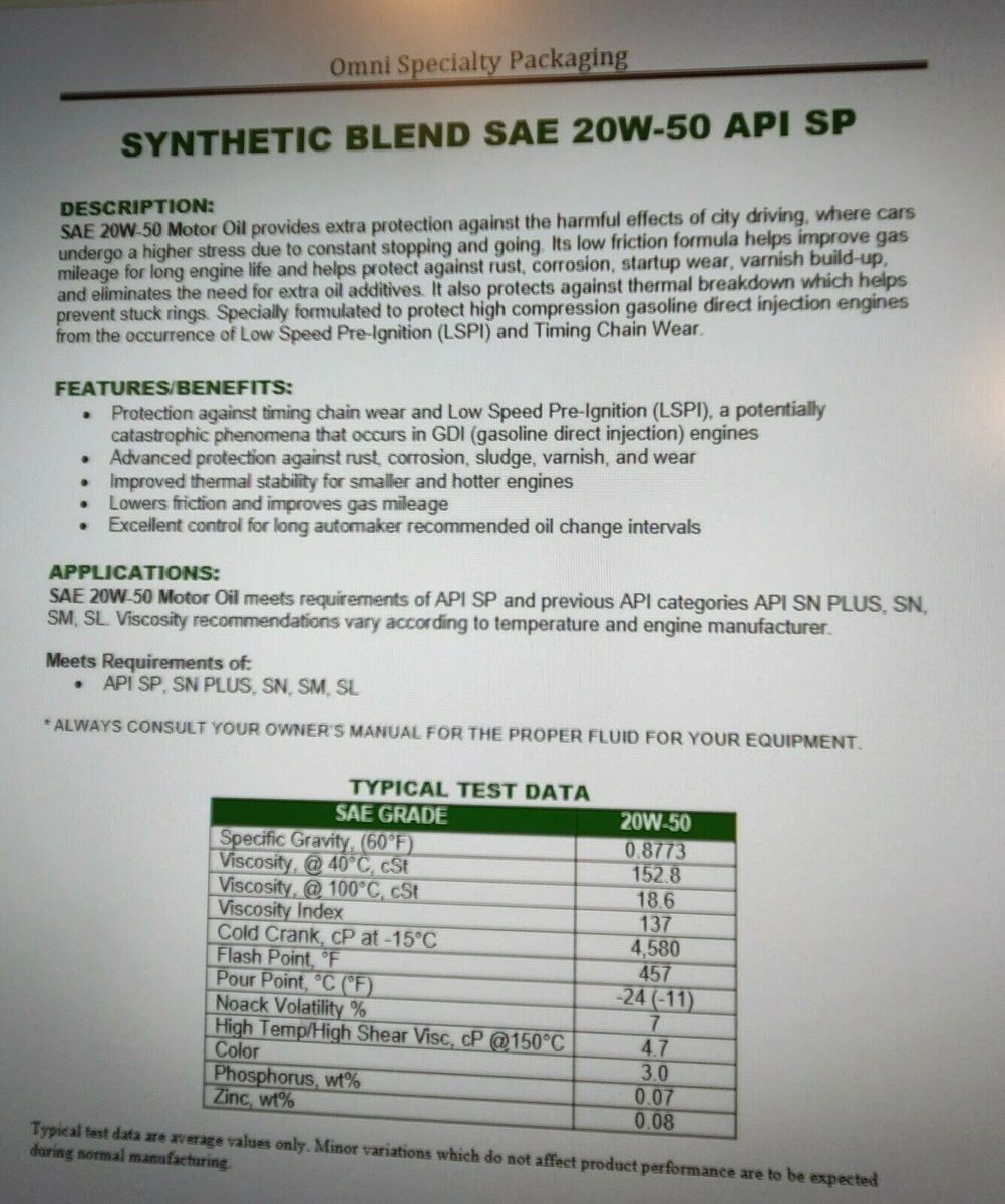 (6 Quart)SAE 20W50 Syn/Blend Motor oil (New and Old high performance engine)