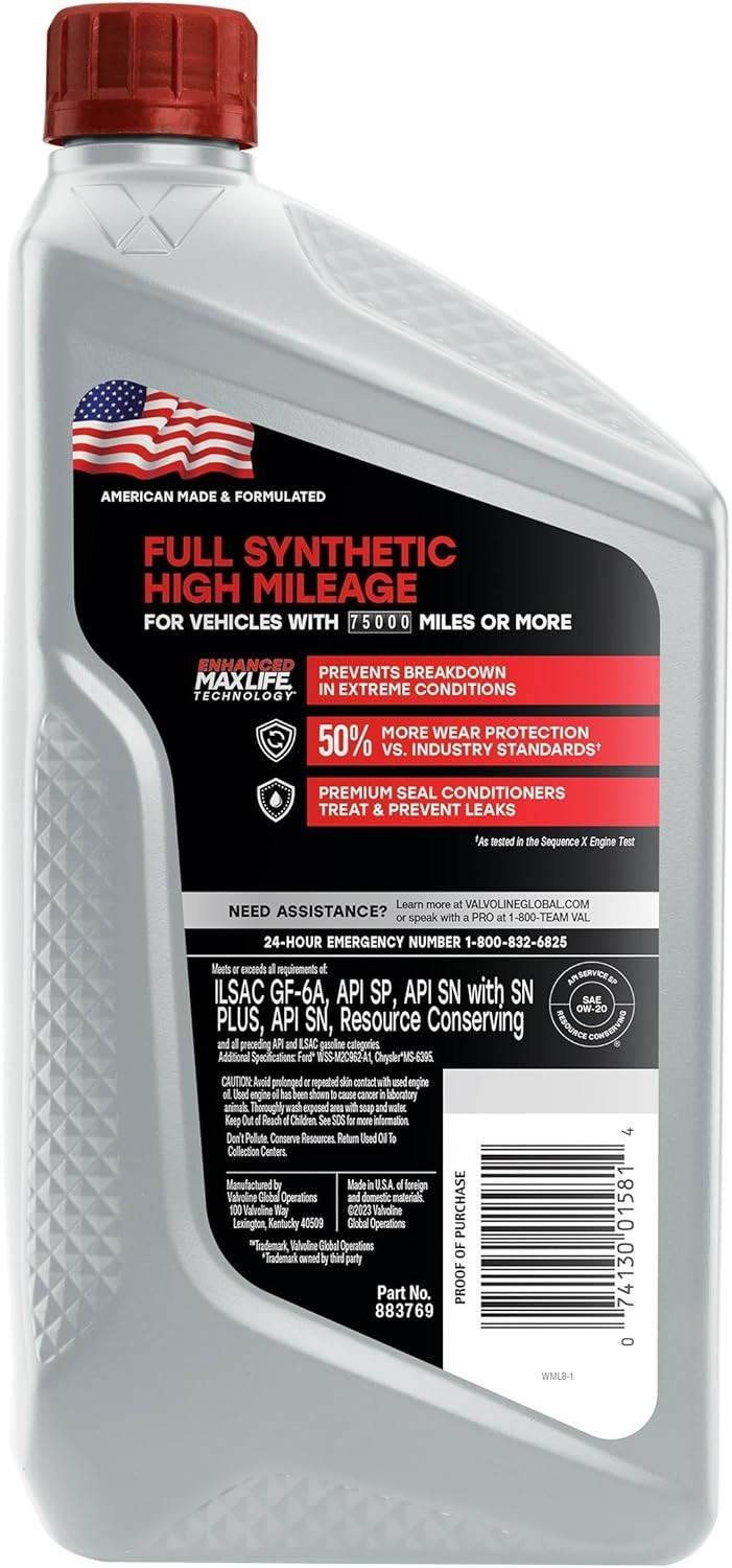 Full Synthetic High Mileage with MaxLife Technology SAE 0W-20 Motor Oil 1 QT …