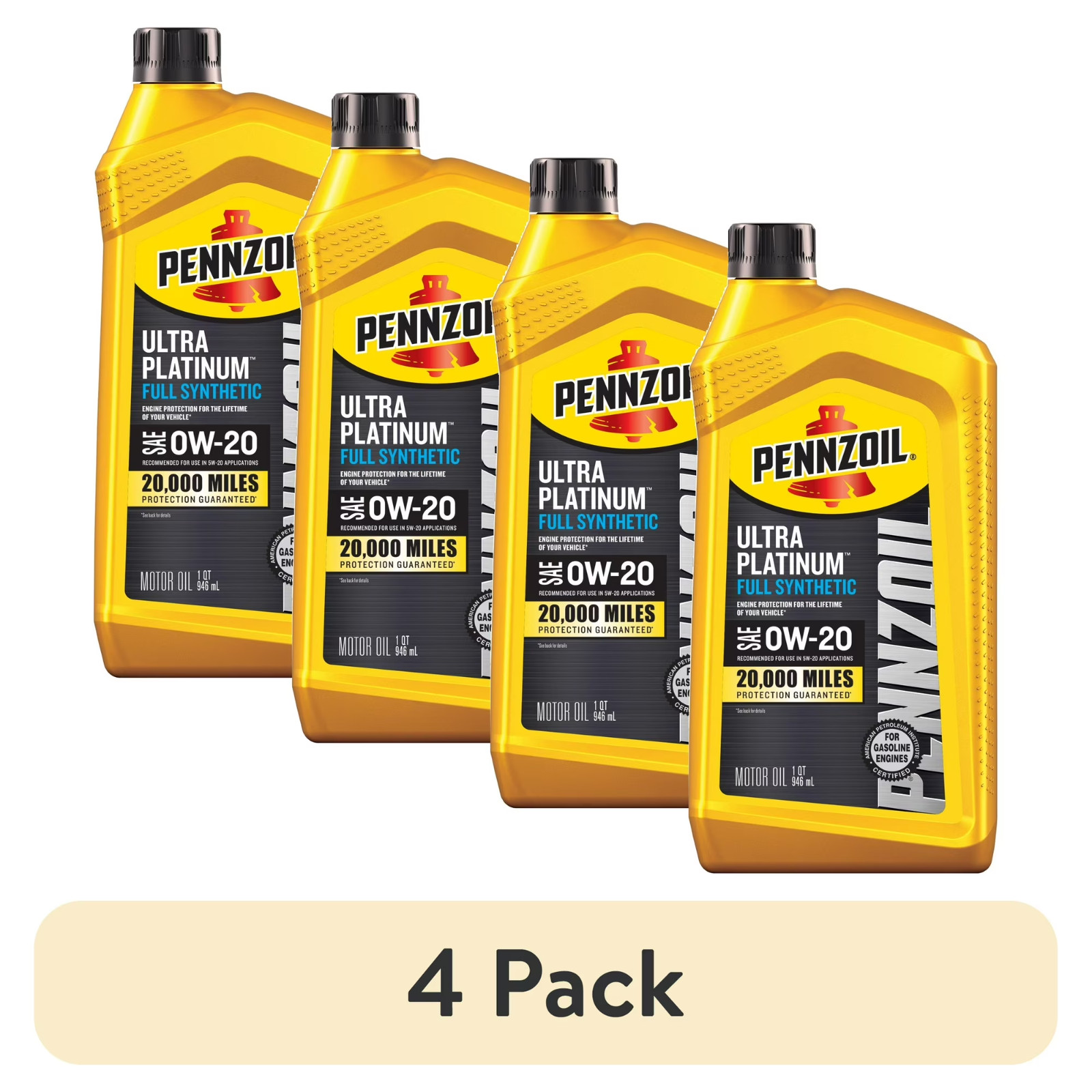 (4 pack) Pennzoil Ultra Platinum Full Synthetic 0W-20 Motor Oil, 1 Quart
