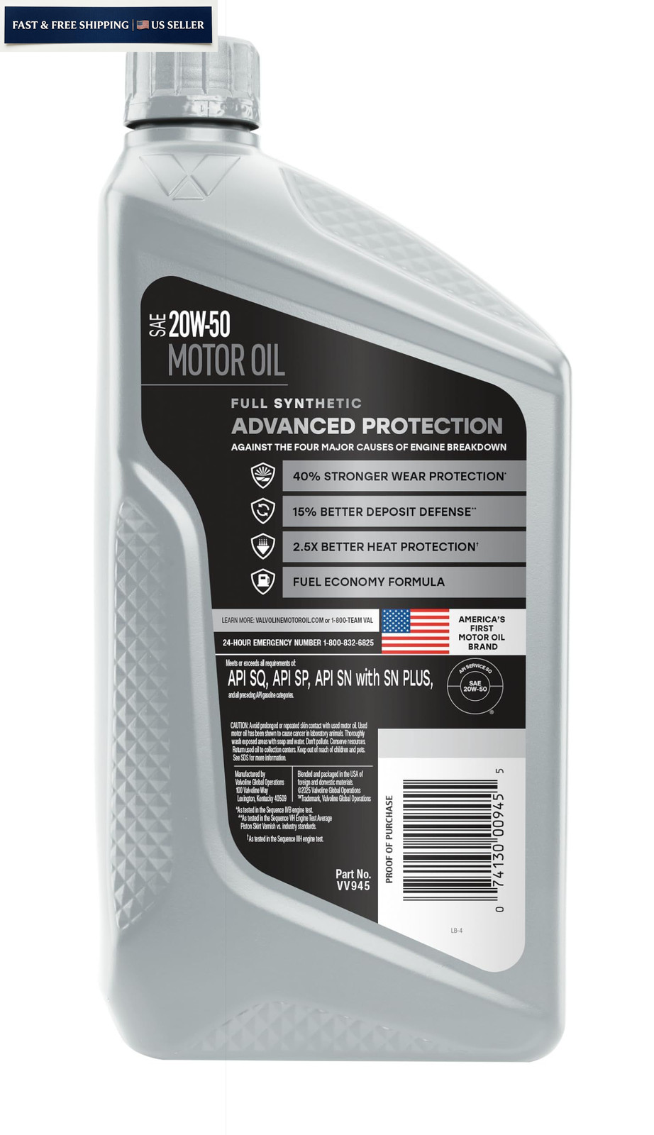Valvoline Advanced Full Synthetic SAE 20W-50 Motor Oil 1 QT 1 QT, Gold