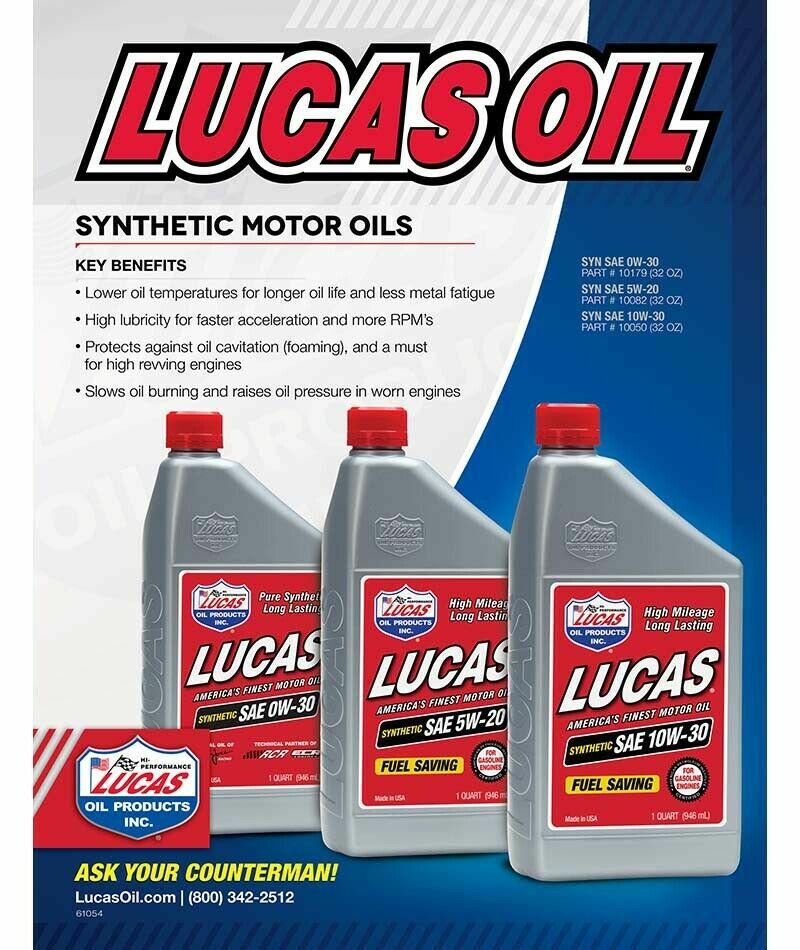 Lucas 10050 Full Synthetic High Mileage 10W-30 Motor Oil 1 Quart Bottle