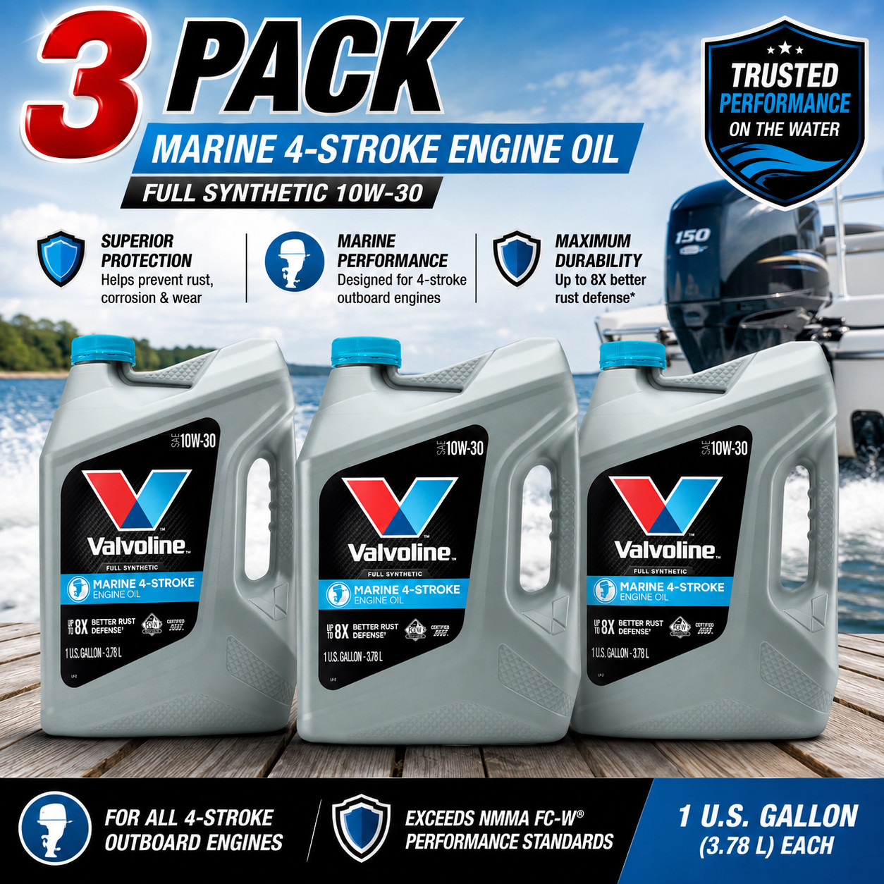 3 PACK — VALVOLINE 899591 MARINE FS 4-STROKE 10W30; 1 Gallon — FLASH SALE