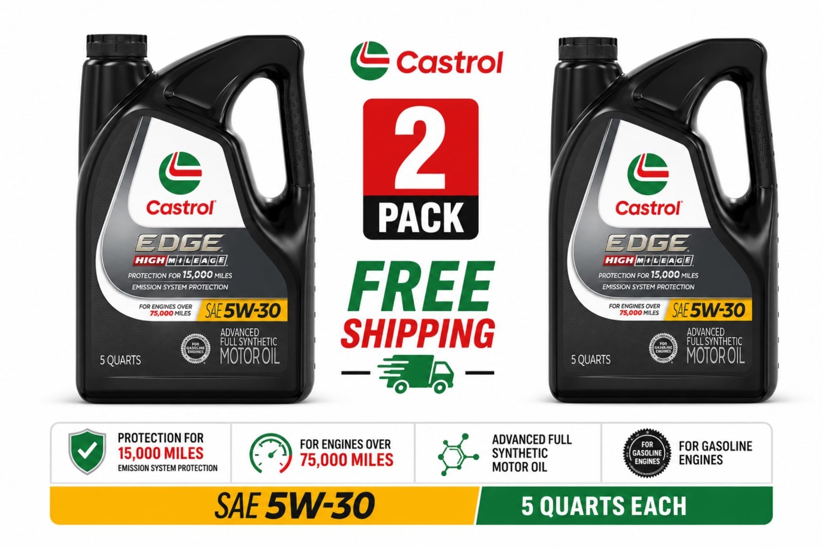 2 Pack Castrol EDGE High Mileage Full Synthetic 5W-30 Engine Oil 5 Quart