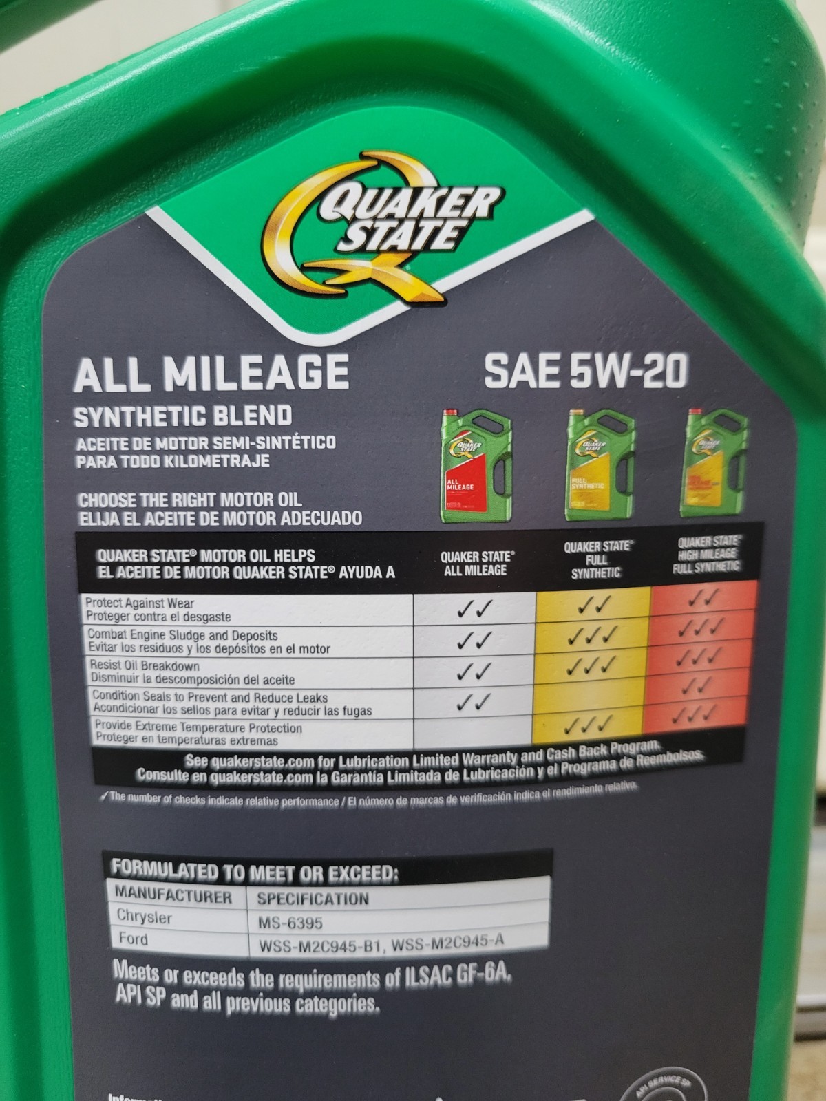 5W-20 Quaker State Motor Oil All Mileage Synthetic Blend