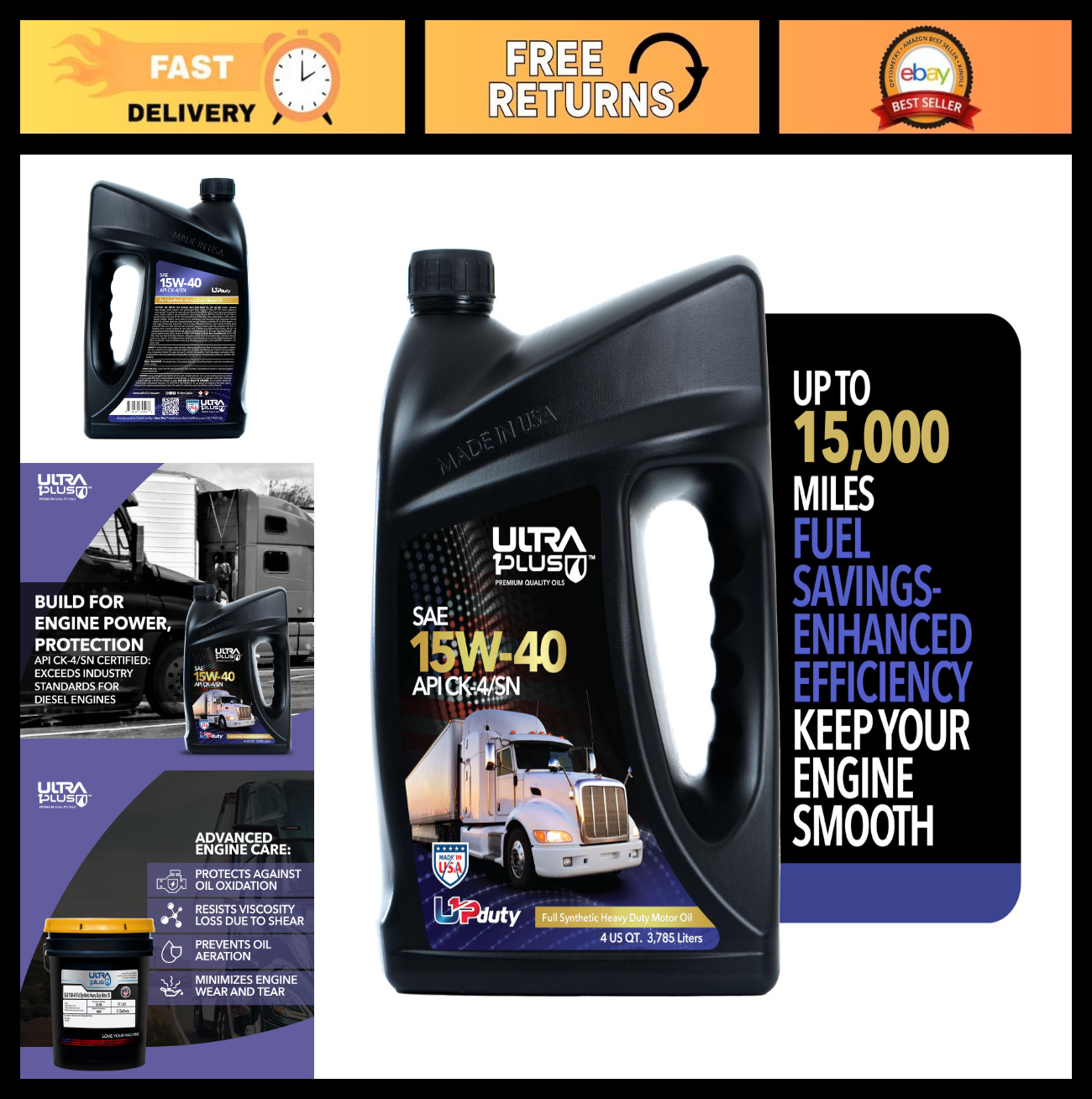 15W-40 Full Synthetic Diesel Engine Oil – API CK-4/SN, 1 Gallon, Heavy-Duty Prot