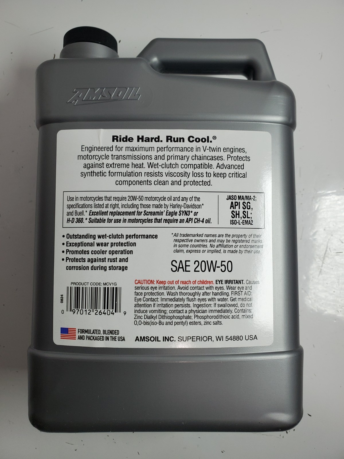 NEW AMSOIL SAE 20W-50 100% Synthetic V-Twin Motorcycle Oil – 1 Gallon