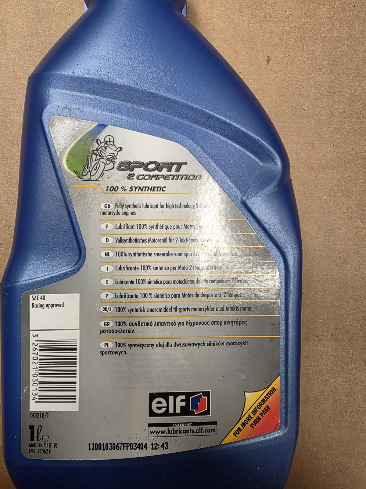 ELF Moto 2 Competition 2 Stroke Oil, 100% Synthetic Pre-Mix