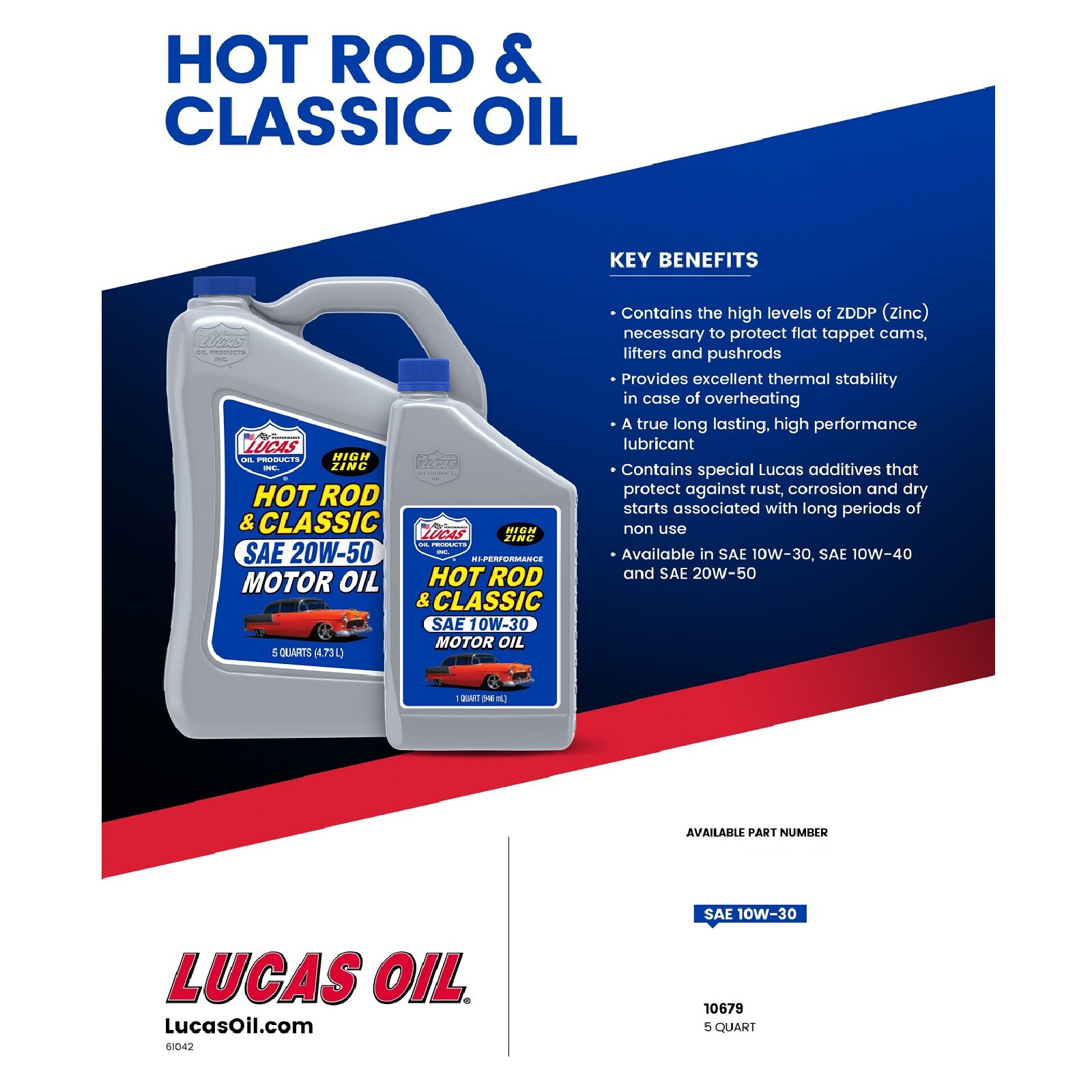 Lucas Oil 10679 Hi-Performance Hot Rod & Classic Car 10W-30 Oil 5 Quart Bottle