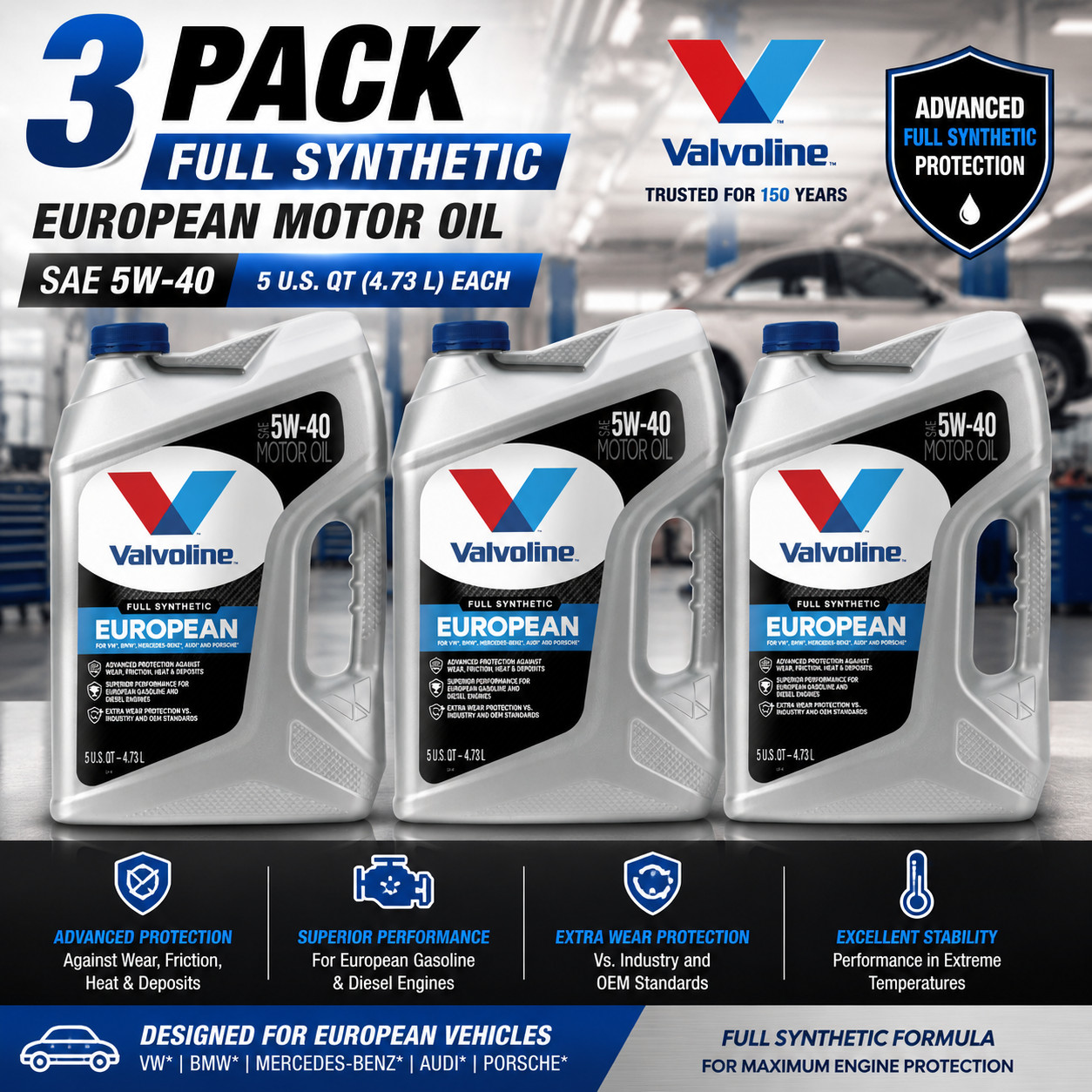 VALVOLINE 881166 European Vehicle Full Synthetic SAE 5W-40; Easy Pour 5 Quart