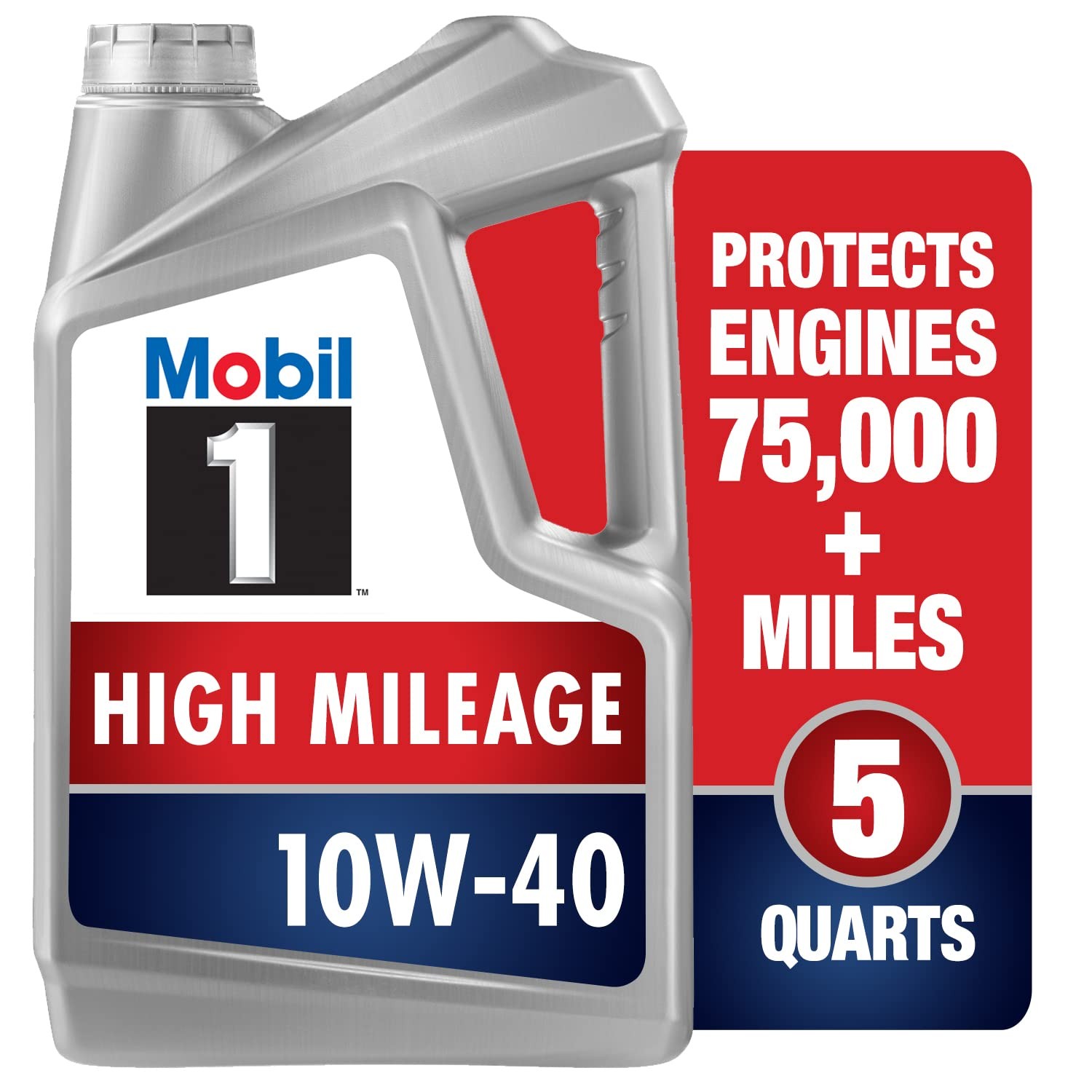 Mobil 1 High Mileage Full Synthetic Motor Oil 10W-40, 5 Quart 5 Quart, Gray