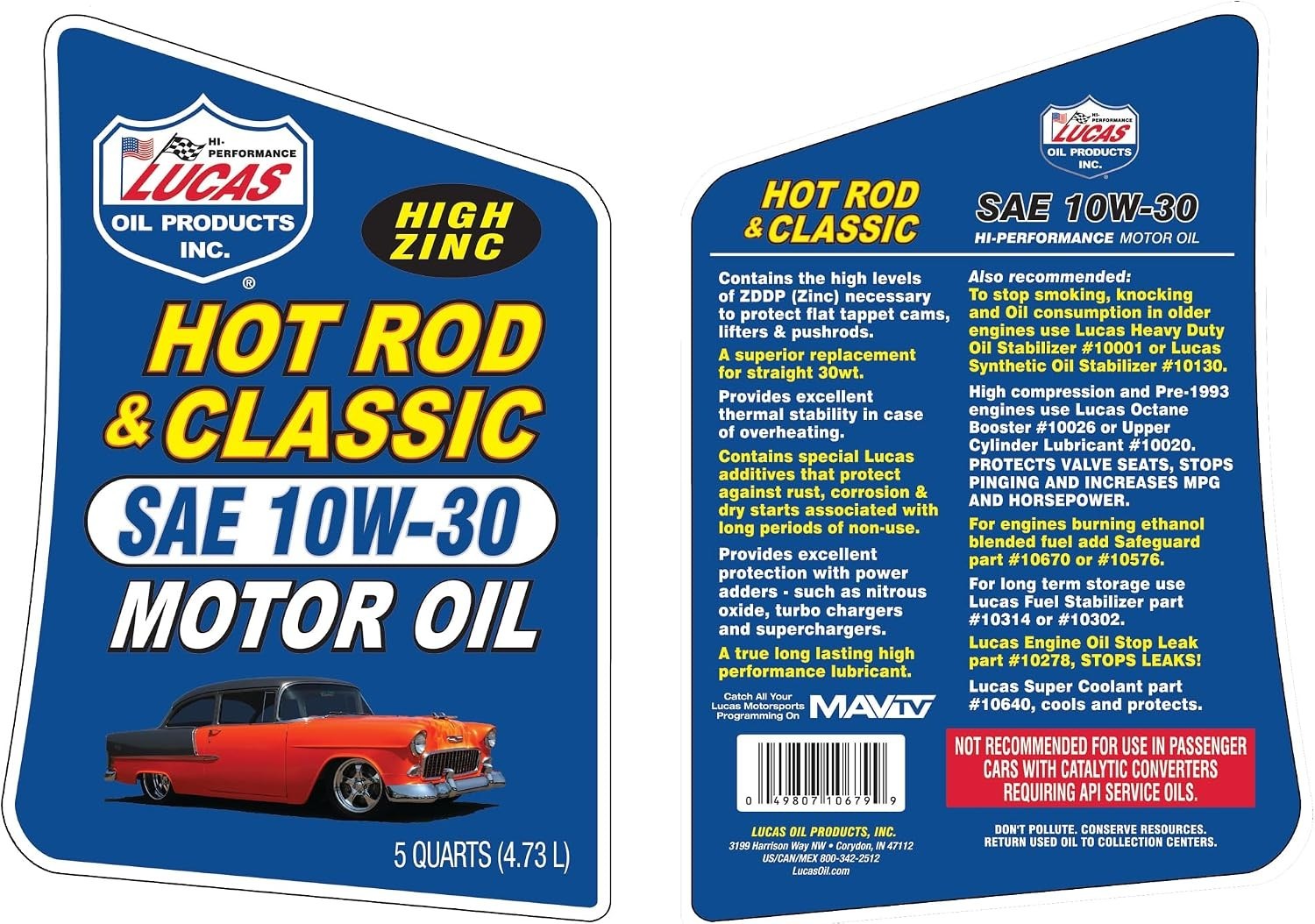 10679 Hot Rod & Classic Car SAE 10W-30 Motor Oil – 5 Quart