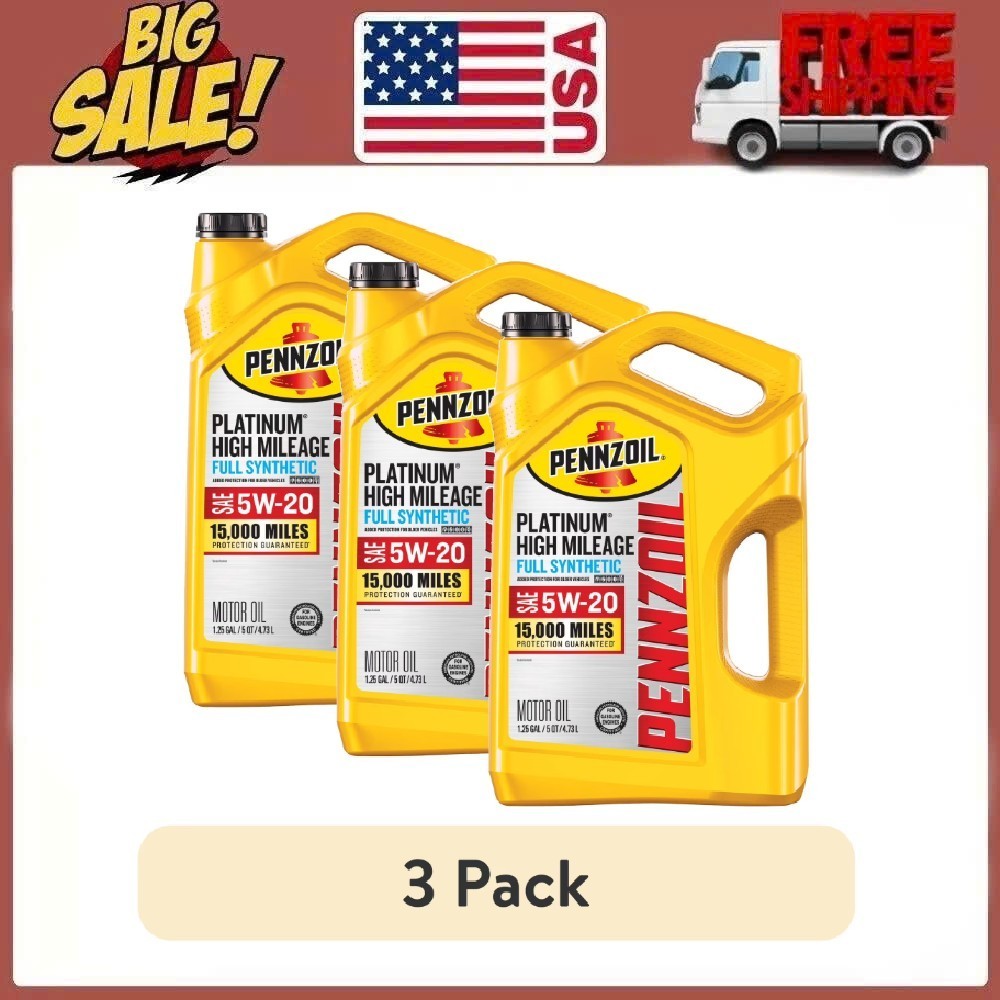 (3 pack) Pennzoil Platinum High Mileage Full Synthetic 5W-20 Motor Oil, 5 Quart