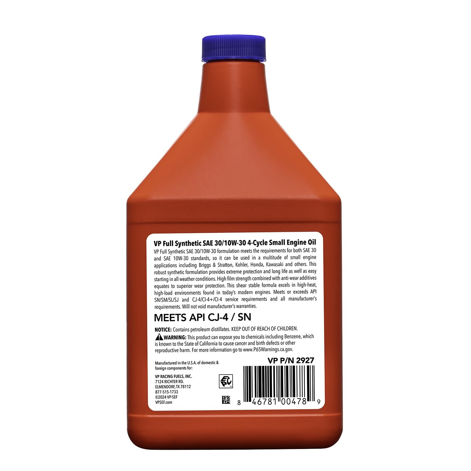 VP Racing Fuels 2927 4-Cycle Engine Oil, 18 Ounce, 1 Pack, 10W30
