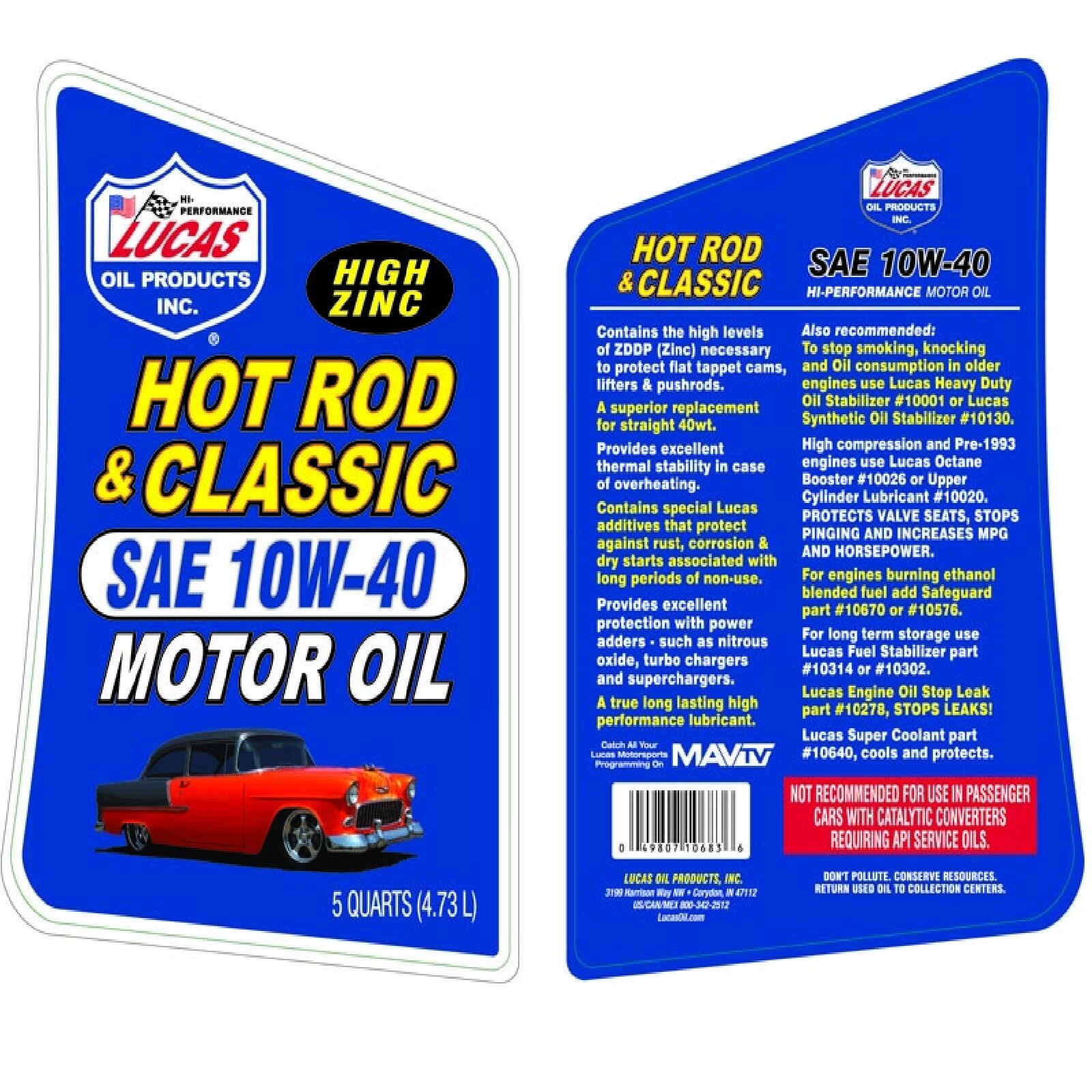 Lucas Front Hot Rod & Classic Car Motor Oil SAE 10W-40 w/ High Zinc 5 Quarts