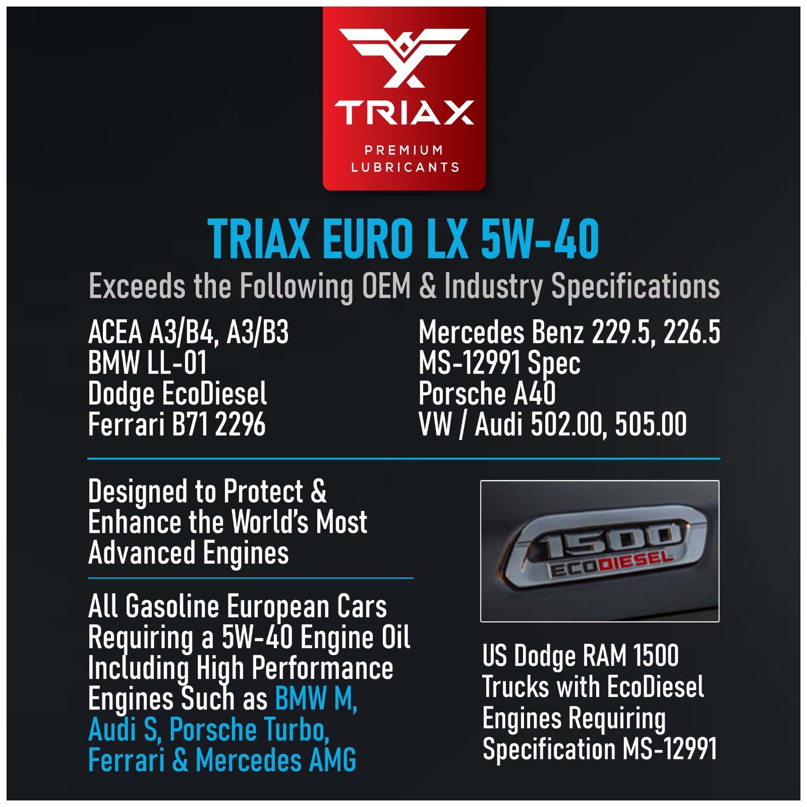 TRIAX Euro LX 5W-40 European Full Synthetic Engine Oil (5 Quart) 3 Pack