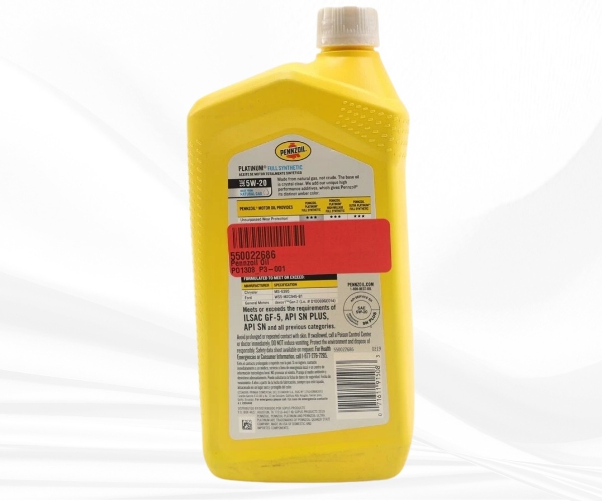 Pennzoil Full Synthetic Motor Oil SAE 5W-20 1 Qt Engine Oil For Gasoline Engines